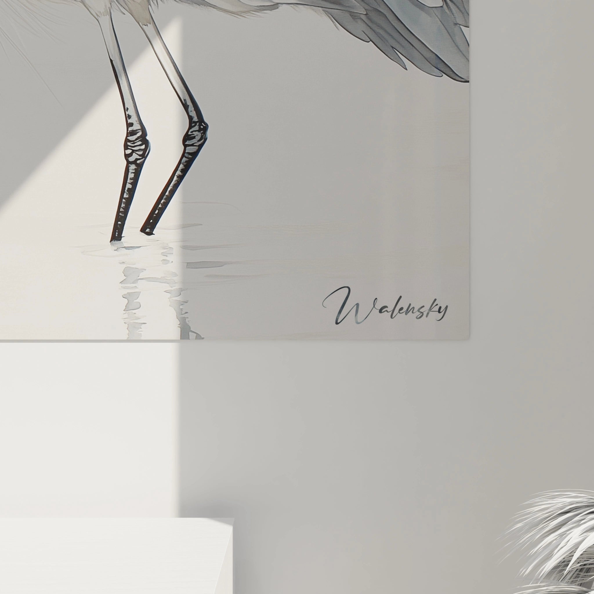 Détail d'un tableau héron Walensky montrant les pattes d'un héron sur un fond clair