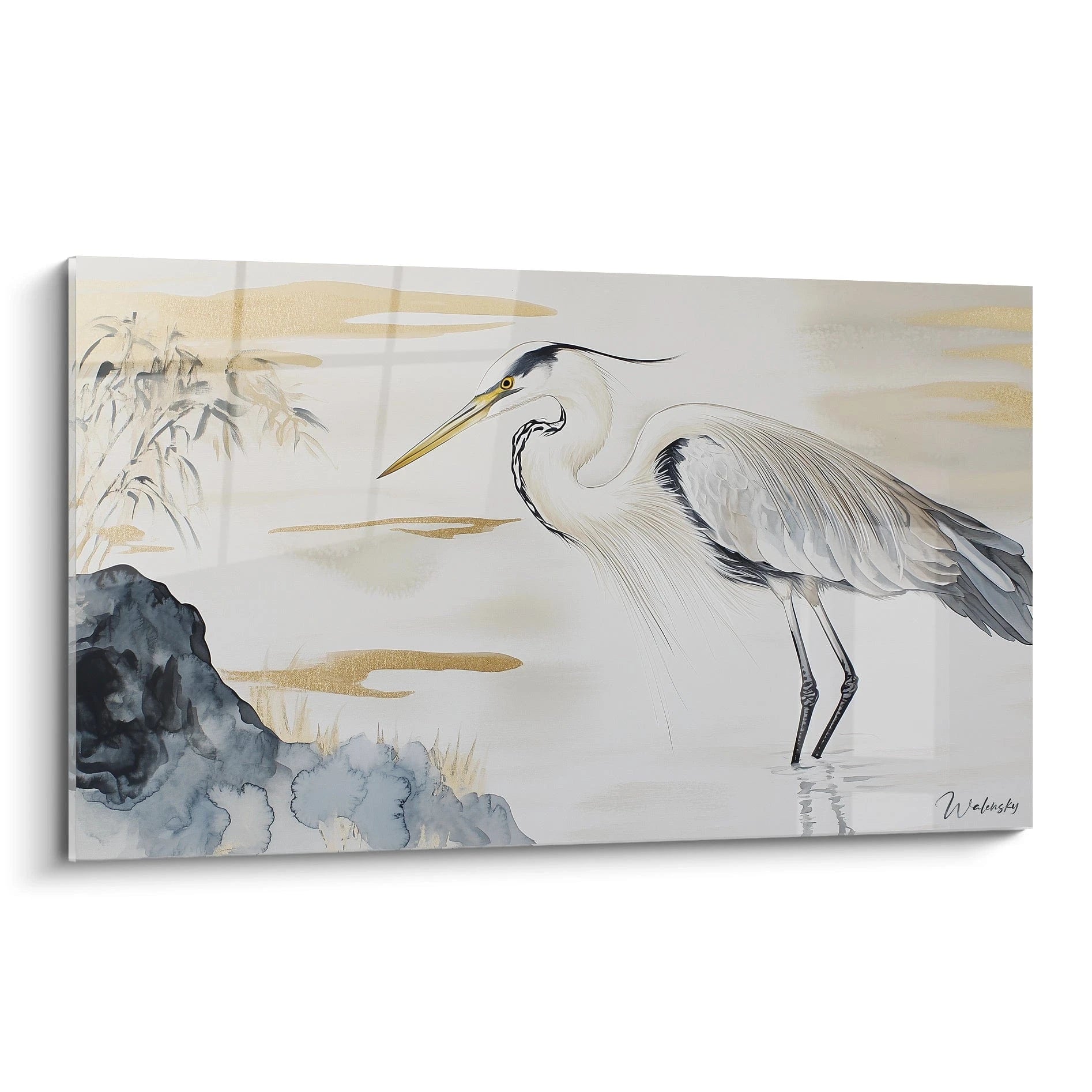 Tableau héron Walensky peint à l'aquarelle avec oiseau élégant près de l'eau et plantes