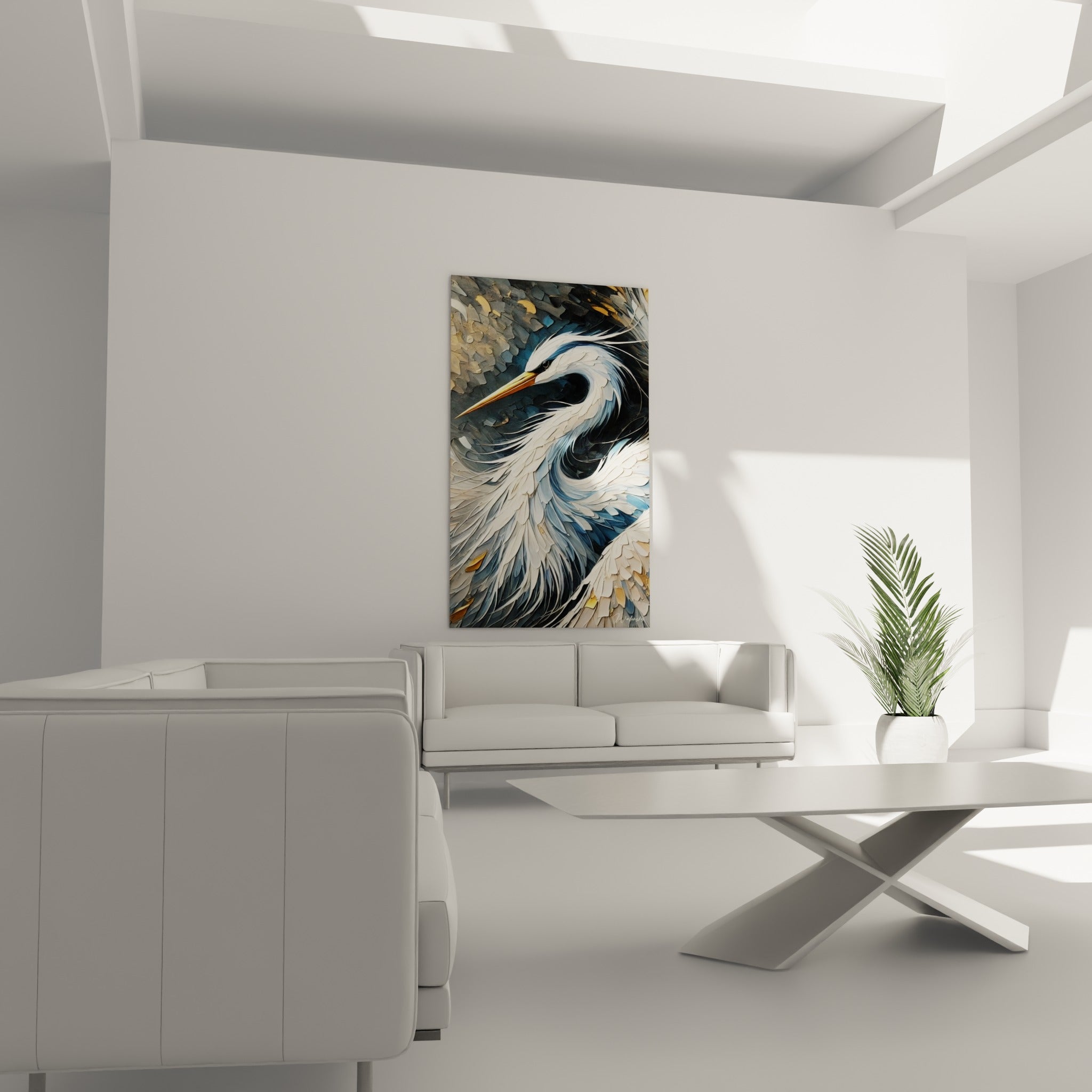 Cou de héron enroulé en touches gris anthracite et blanc cassé installé au-dessus d'un canapé dans un salon lumineux
