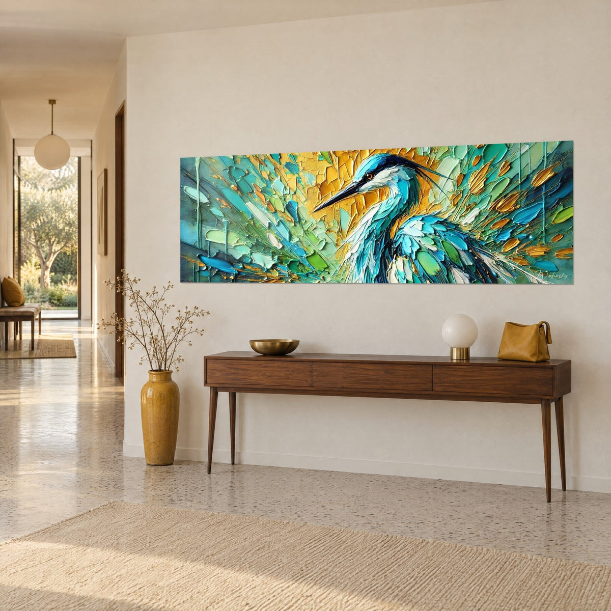 Wall art wading bird with thick brushstrokes of glacier blue and golden ochre, wooden console, 1950s house