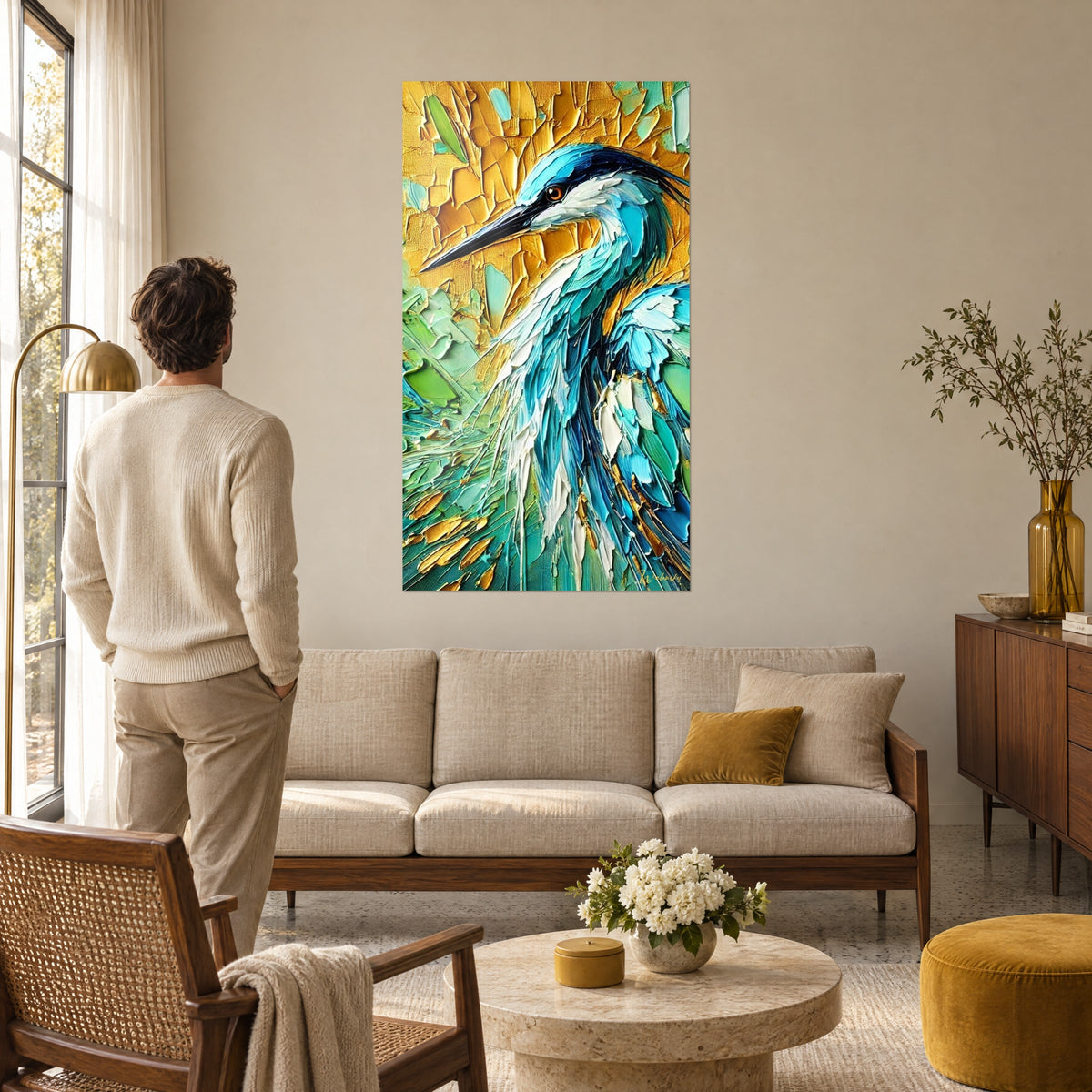 Wall art of a grey heron with a slender black beak, turquoise and white plumage on a golden background, above a sofa in a bright living room