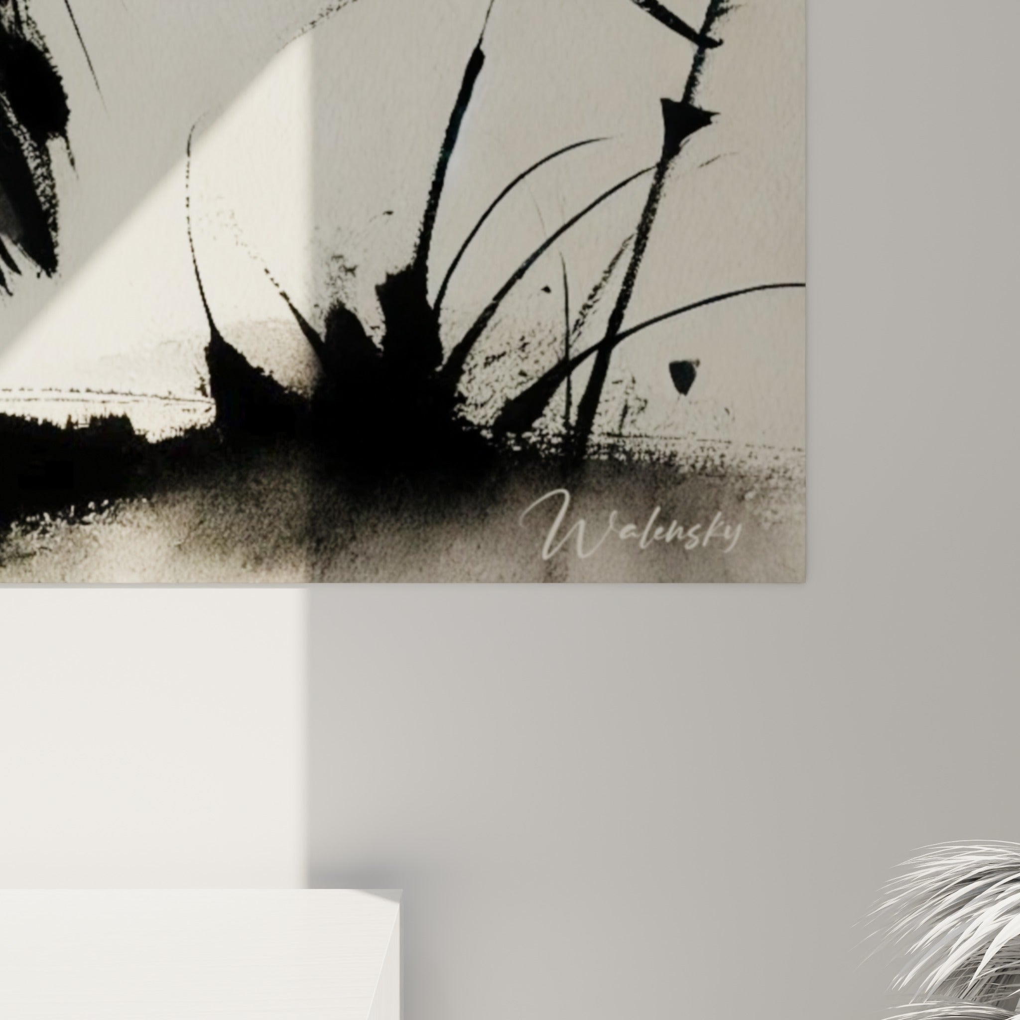 Détail des empâtements noirs et du grain turquoise de l'eau sur ce tableau héron encré