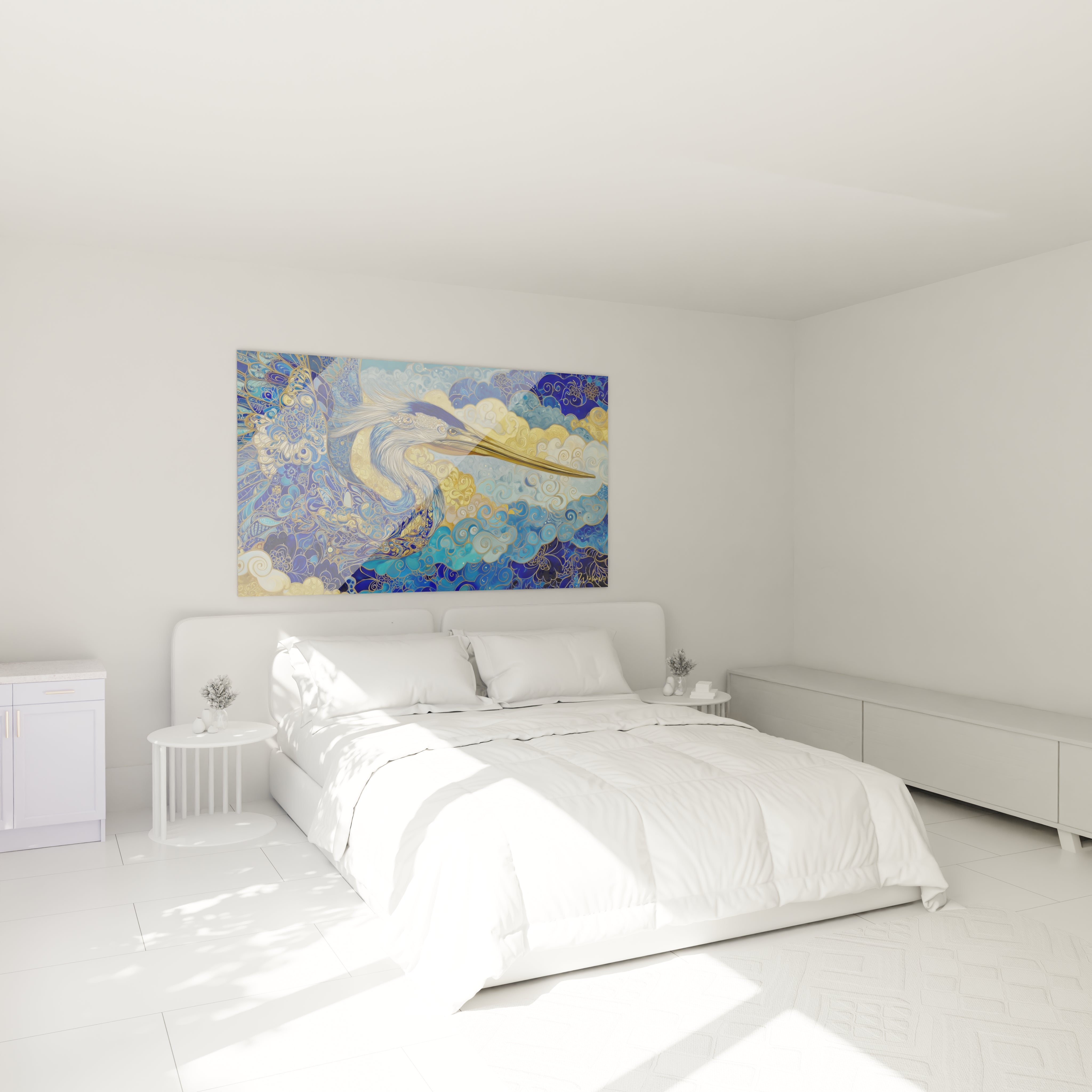 Tableau héron doré décoratif dans ambiance chambre moderne avec éclairage tamisé