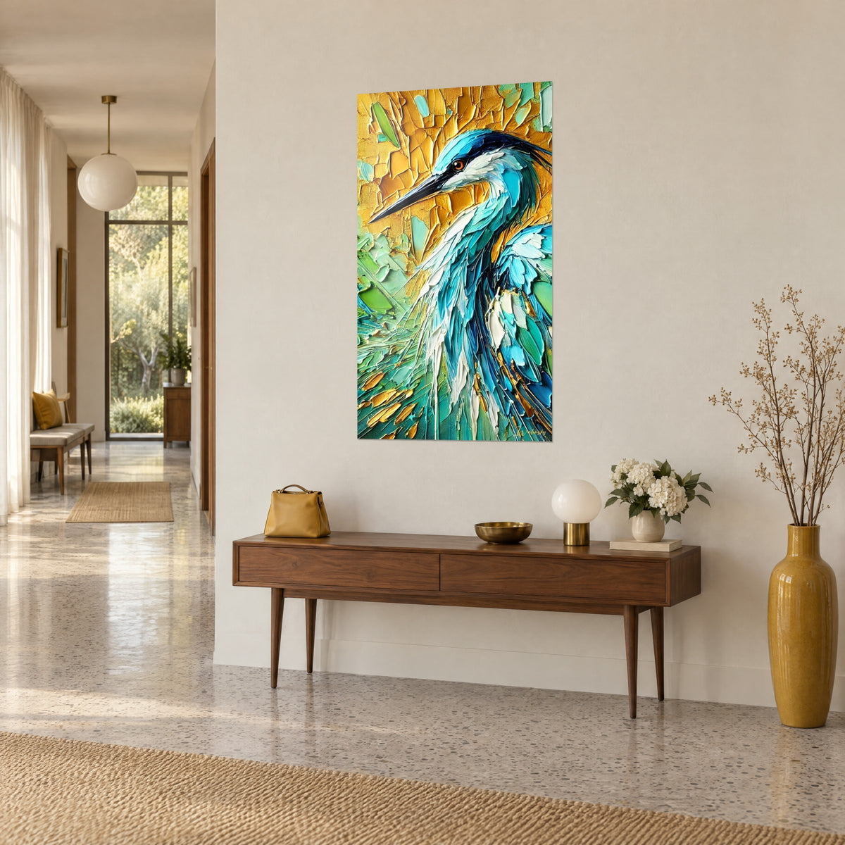Wall art of a wading bird with thick palette-knife strokes, cyan blue and matte gold, three-quarter view, wooden console, bright hallway
