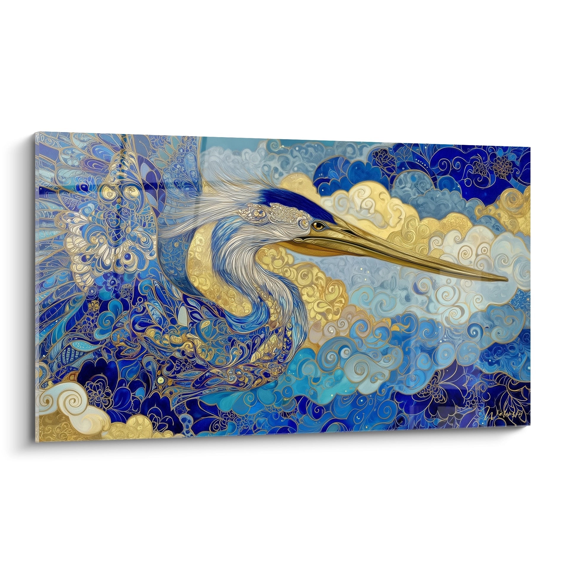Tableau mural héron ornemental avec motifs dorés et bleus dans style art oriental décoratif