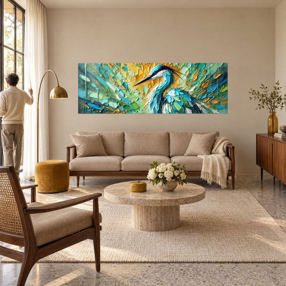 Wall art heron with long black beak, turquoise and gold plumage in thick impasto, above a sofa in a bright living room