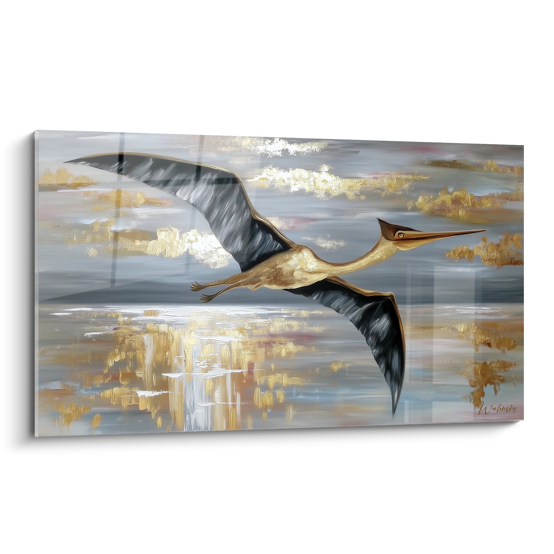 Tableau mural héron en vol aux reflets dorés sur eau, art animalier contemporain édition Quetzalcoatlus