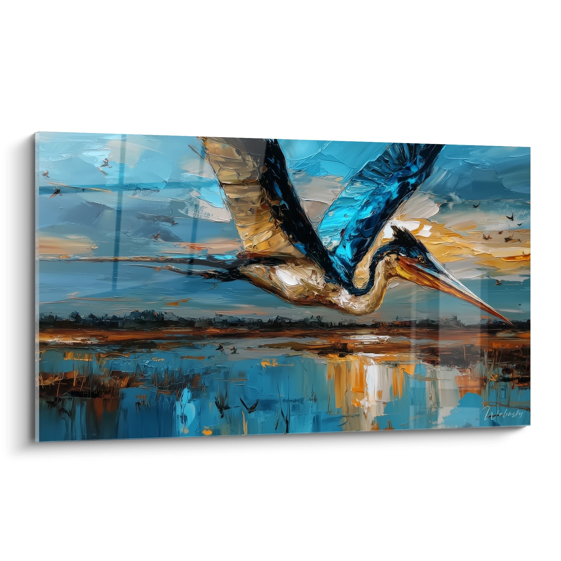 Tableau héron en vol majestueux au-dessus des eaux, art animalier contemporain aux couleurs vibrantes