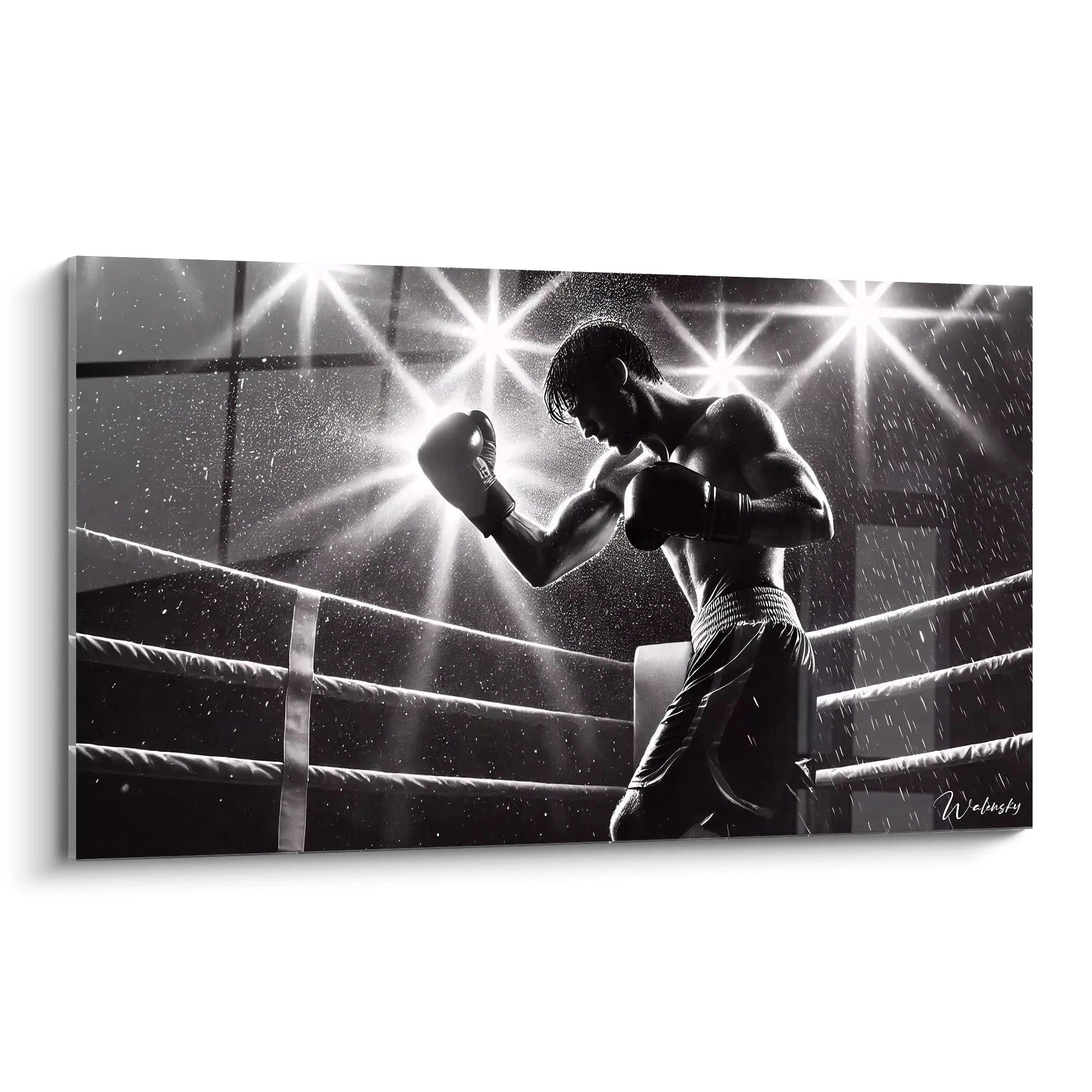 tableau noir et blanc vu de biais representation intense du ring avec un boxeur en pleine action textures realistes contrastes puissants entre ombres et lumiere ambiance dramatique et captivante