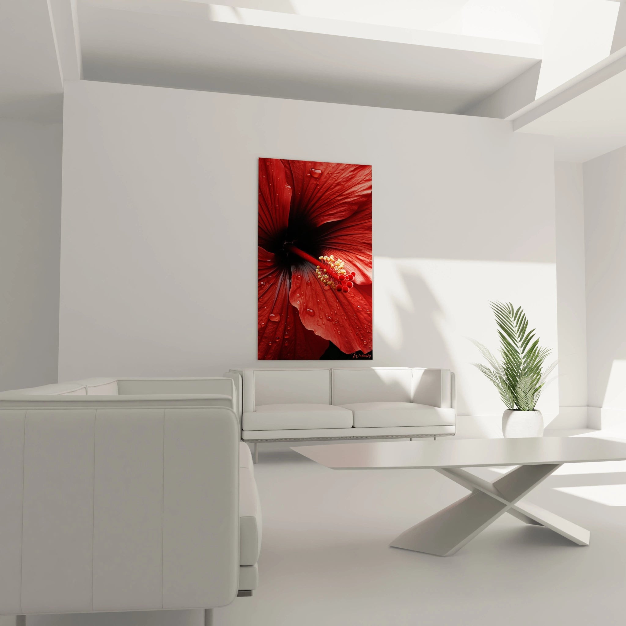 Un tableau Hibiscus nature capturant une vue rapprochĂ©e dâun hibiscus rouge, oĂč les textures des pĂ©tales et les reflets des gouttes dâeau sont visibles, contrastant avec un centre sombre et des Ă©tamines dorĂ©es.