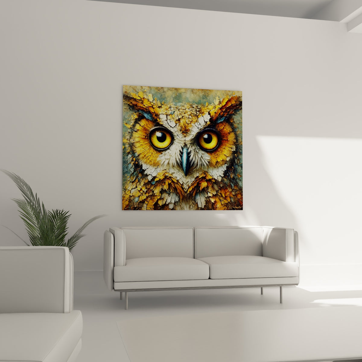 Yeux jaunes perçants d'un hibou ocre et anthracite, placé au-dessus d'un canapé dans un salon lumineux