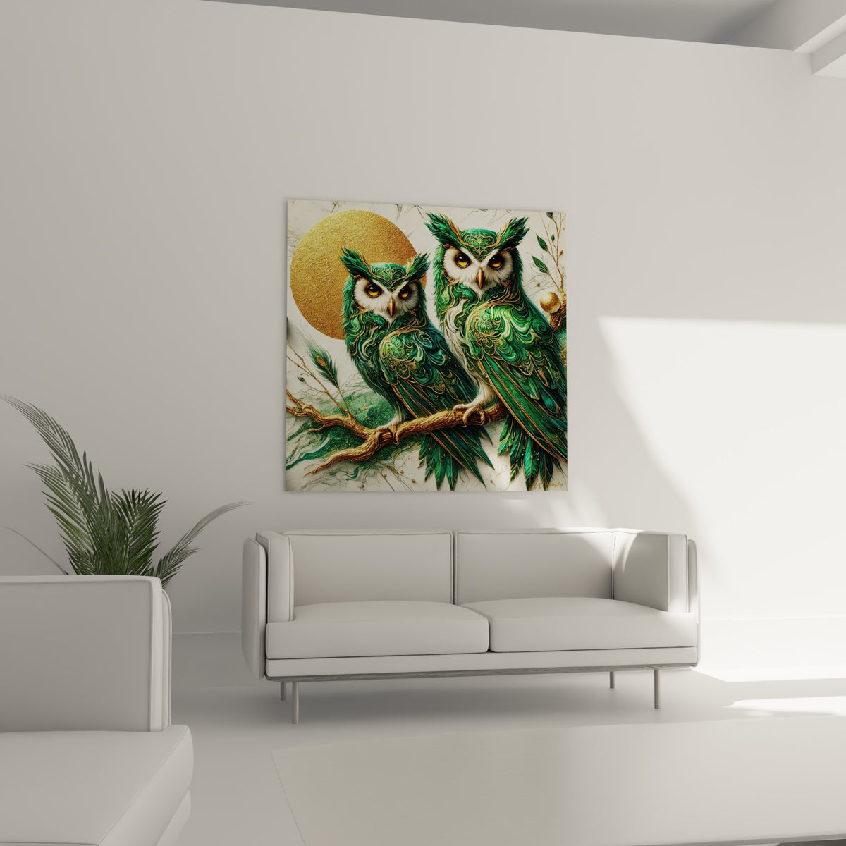 Rapaces émeraude aux détails dorés et yeux ambrés, au-dessus d'un canapé dans un salon lumineux