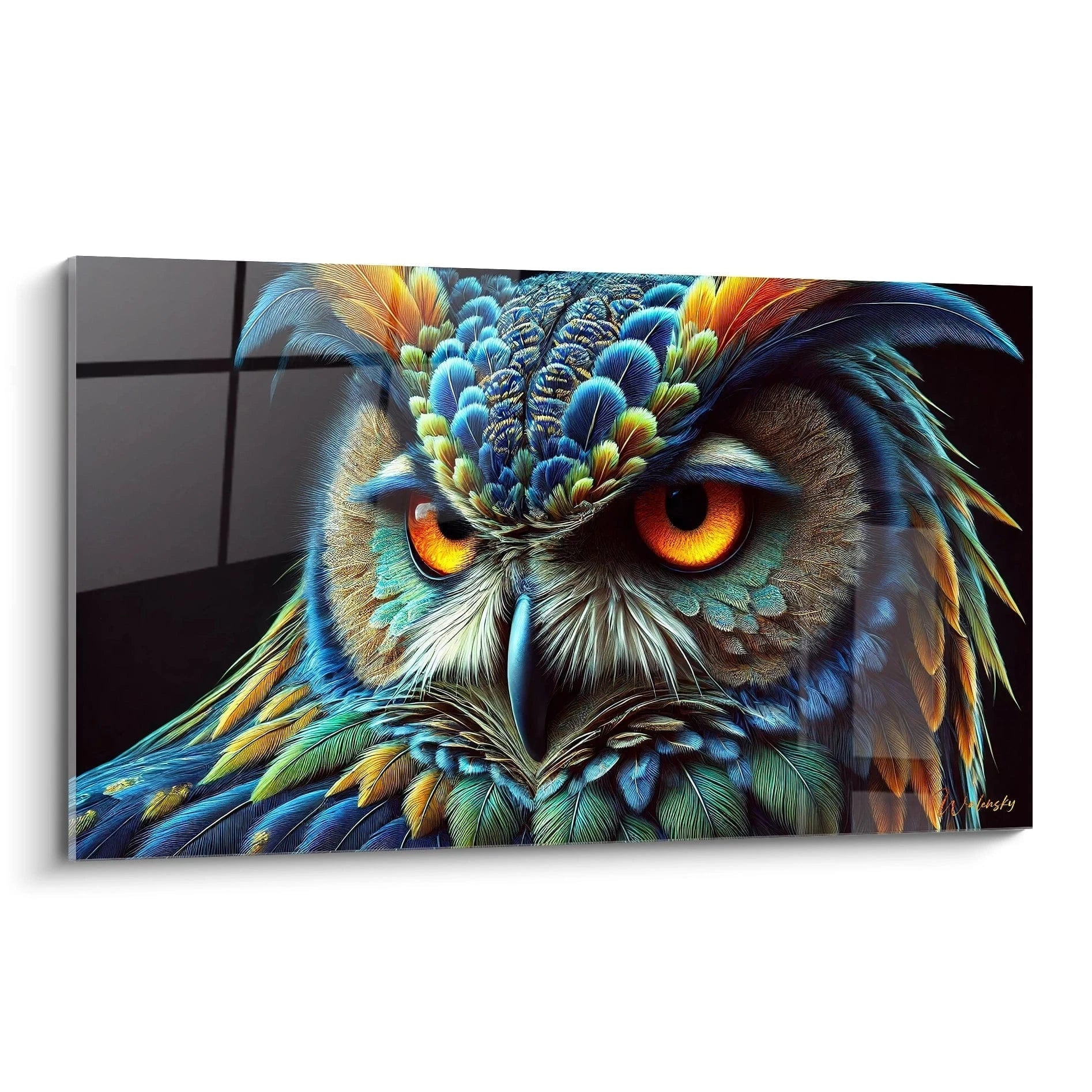 tableau hibou de biais : vue d'ensemble mettant en valeur les couleurs vives et la profondeur du regard de l'animal, parfait pour une decoration murale evocant la nature sauvage et la sagesse