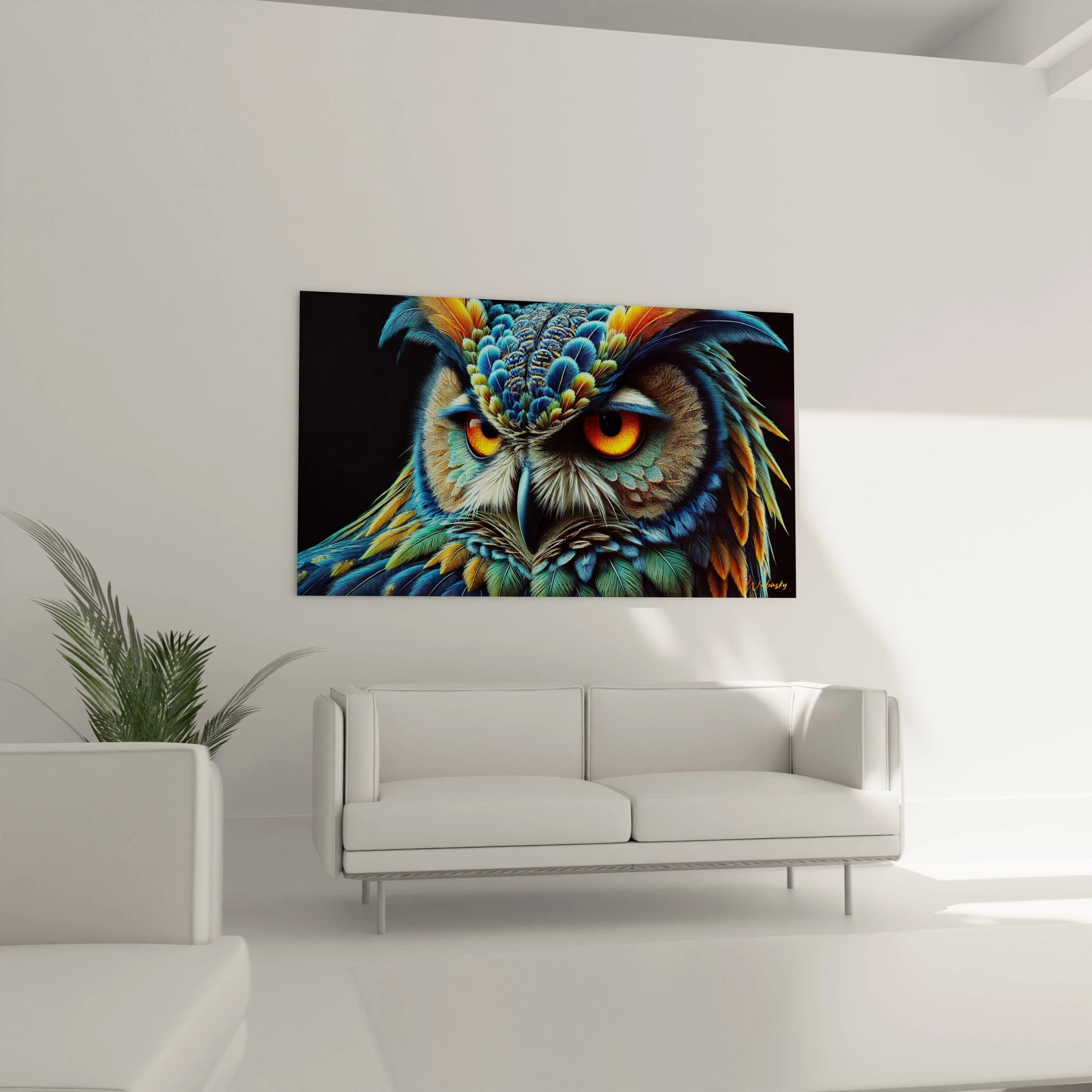 tableau hibou au-dessus d'un canape : ce tableau hibou est le point central ideal pour un salon, apportant un contraste vibrant et une atmosphere apaisante avec ses nuances de bleu et d'orange