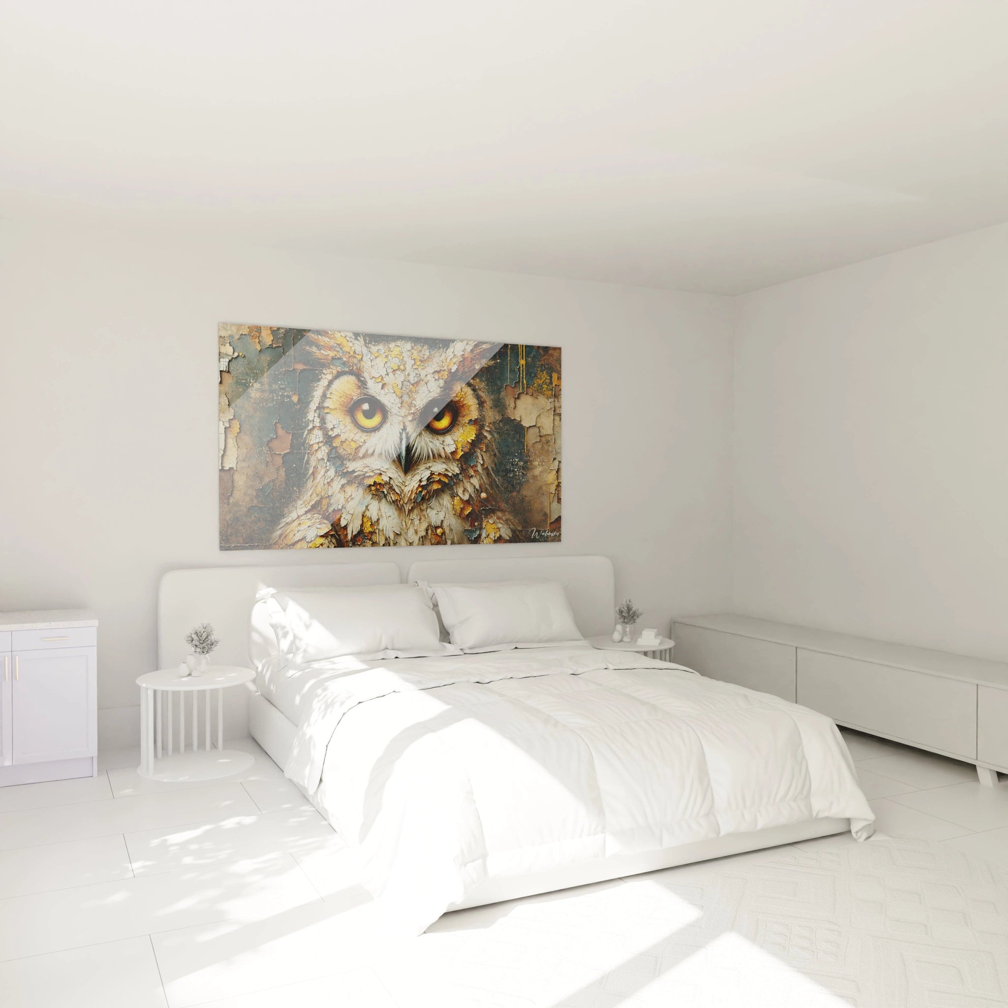 Tableau hibou au-dessus du lit dans une chambre : une touche de mystere et de nature avec ce tableau captivant, parfait pour ajouter de la chaleur et du caractere a votre espace.