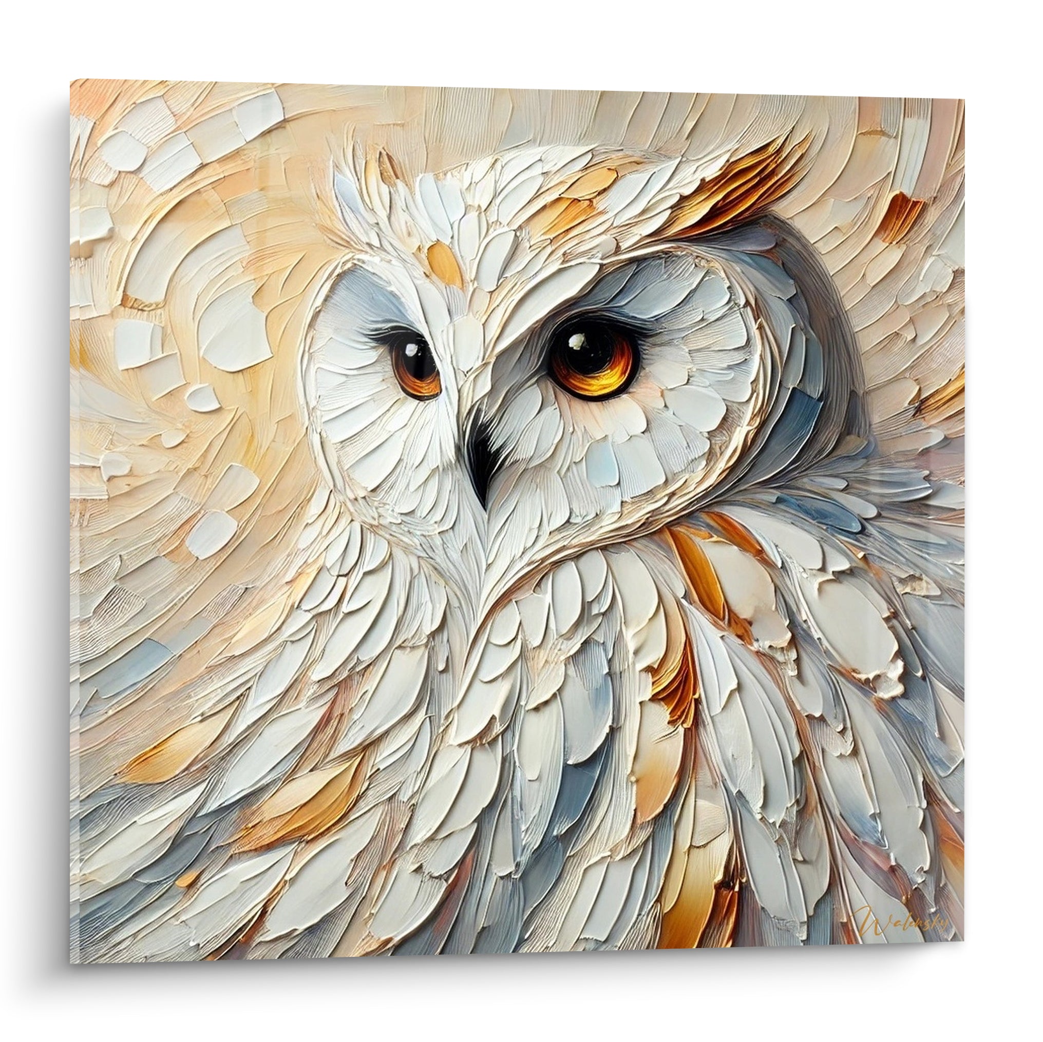 Effraie blanche aux yeux ambrés, plumage texturé doré et gris, peinture en relief