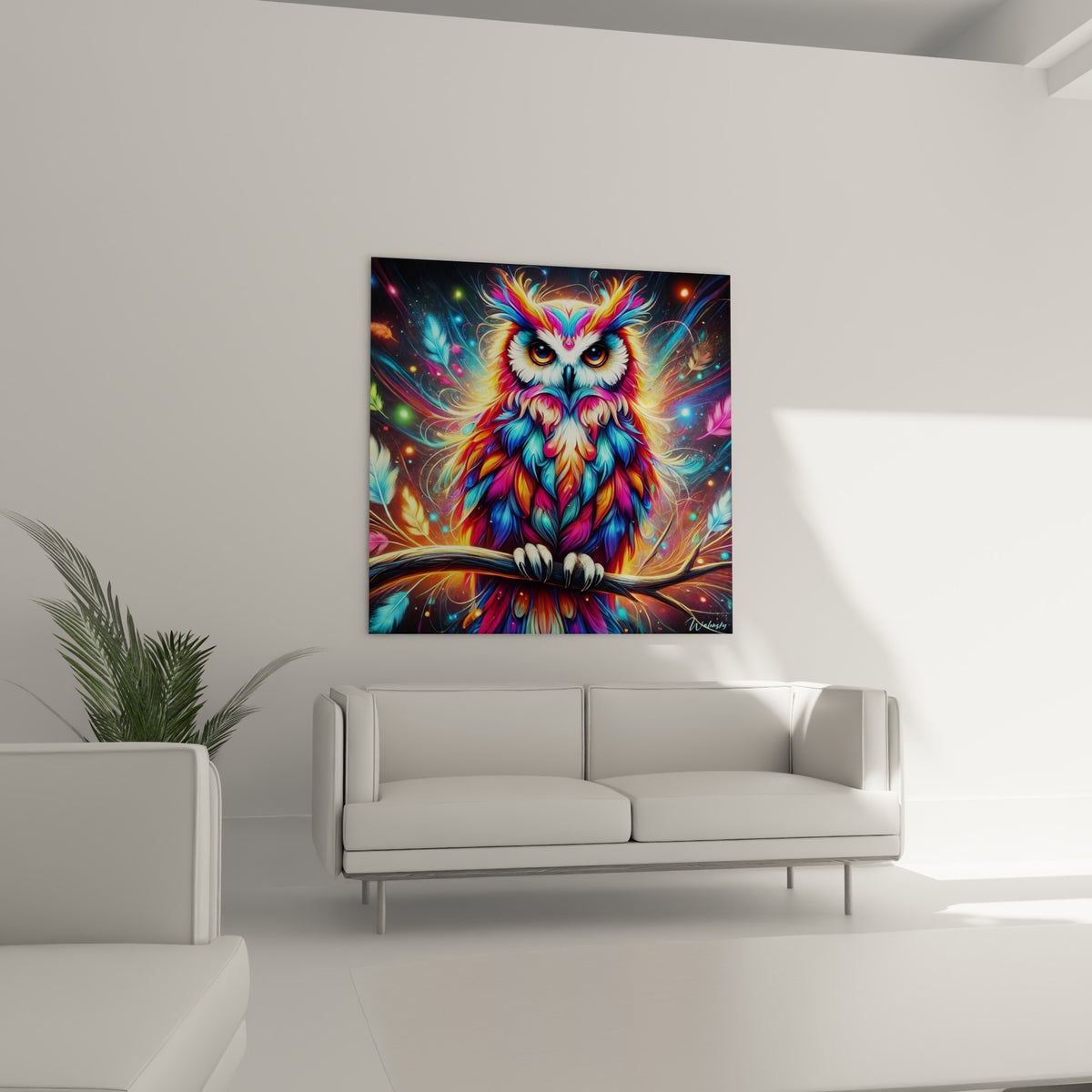 Regard perçant du hibou aux teintes fuchsia et dorées, au-dessus d'un canapé dans un salon lumineux