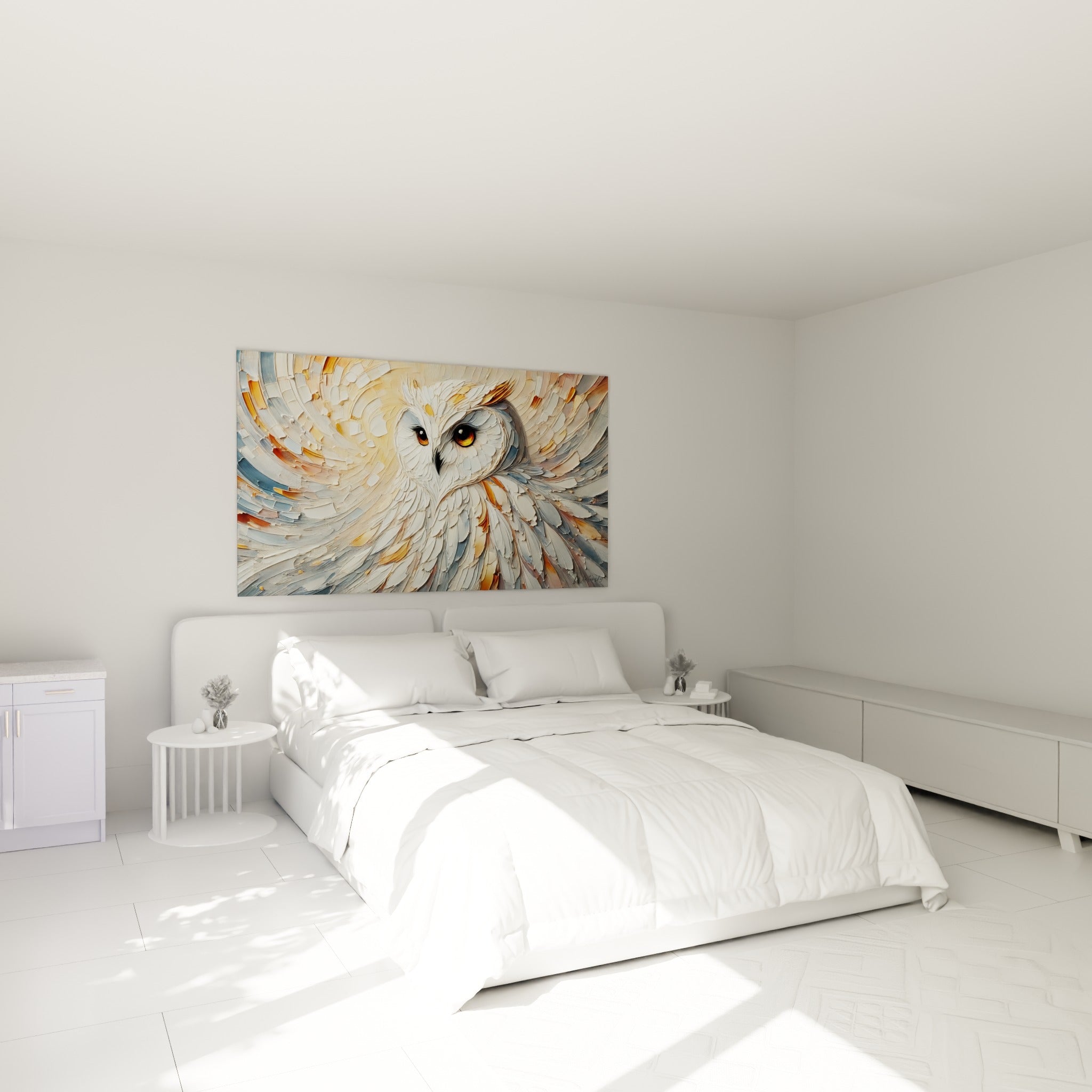 Regard perçant du hibou gris et doré placé au-dessus d'un lit dans une chambre claire