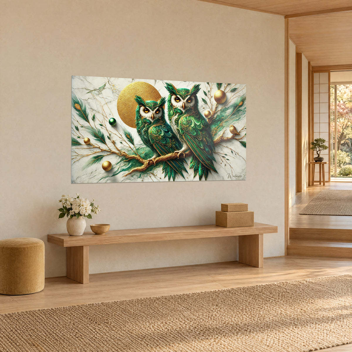 Tableau chouettes en plumes vertes ciselées d'or sur marbre blanc veiné, soleil doré en fond, banc en bois japandi