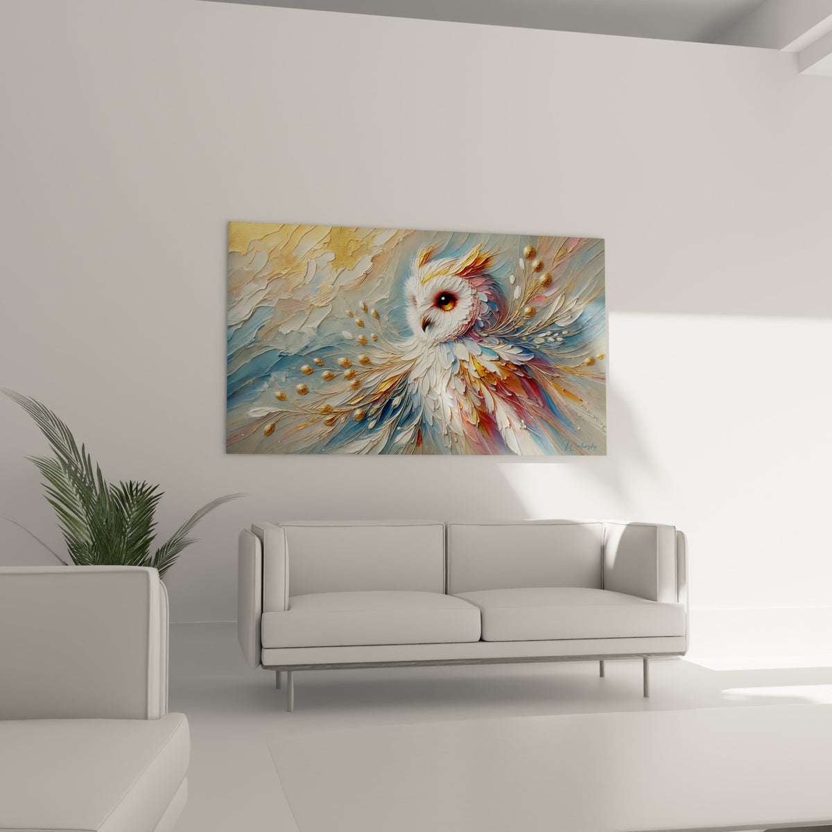 Plumage blanc et doré du hibou déployé au-dessus d'un canapé dans un salon lumineux