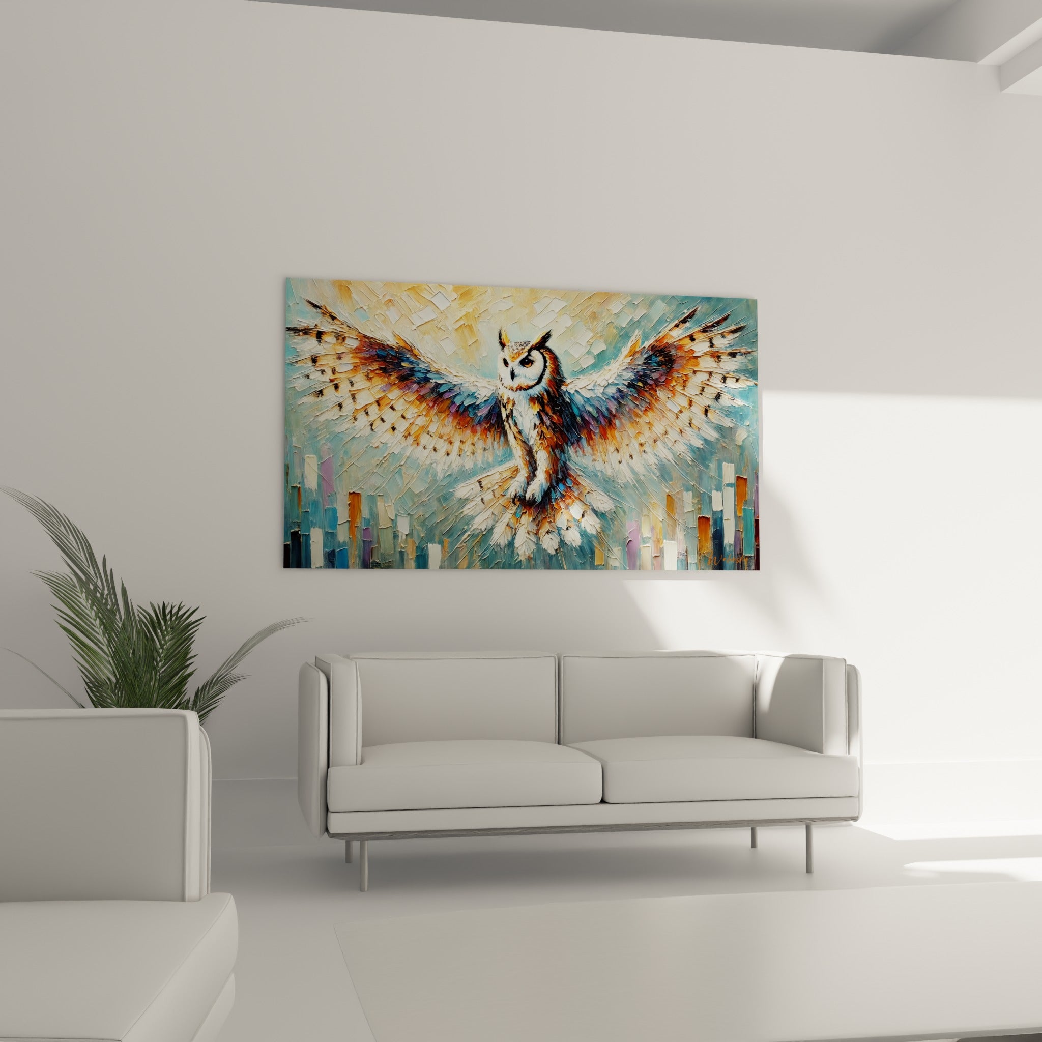 Silhouette ailée en plein envol, camaïeu bleu et ocre, suspendue au-dessus d'un canapé dans un salon lumineux