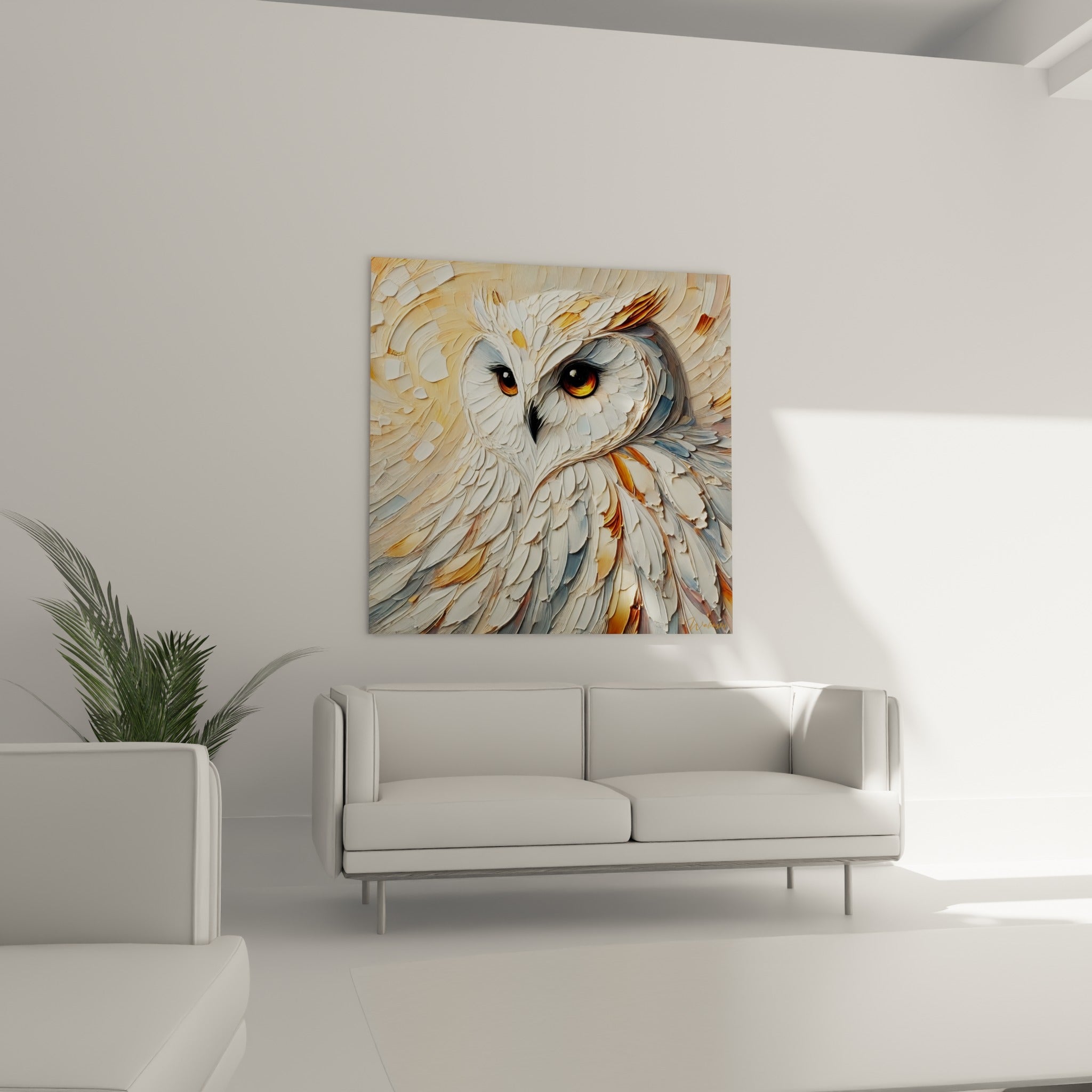 Rapace nocturne blanc et doré, regard intense, au-dessus d'un canapé dans un salon lumineux