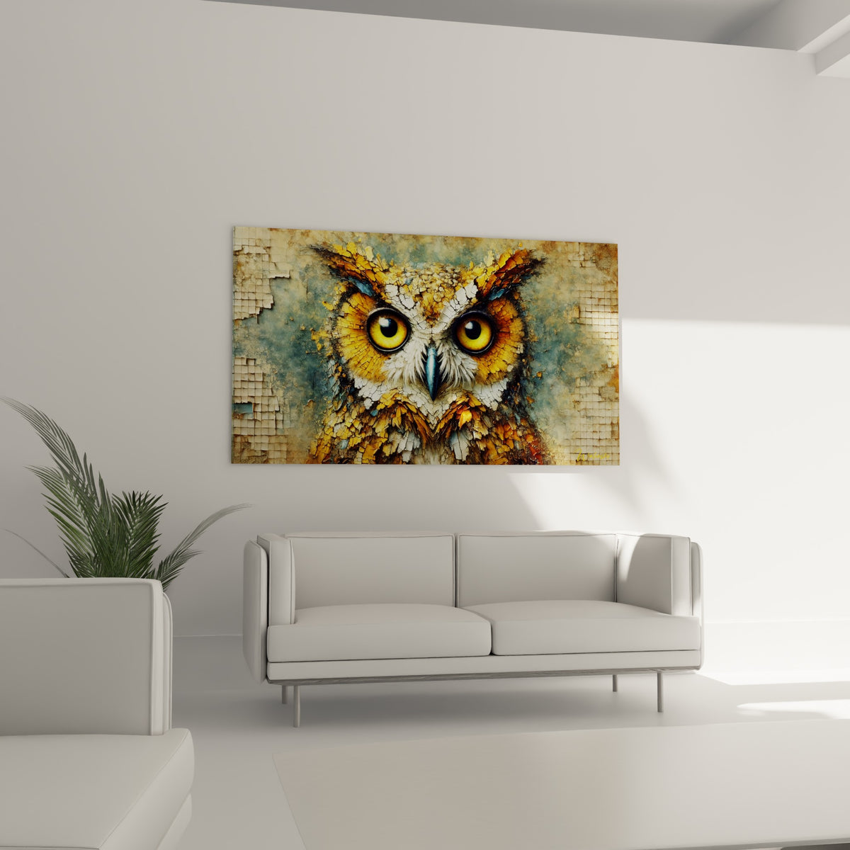 Face de hibou aux tons ocre et bleu sauge, suspendue au-dessus d'un canapé dans un salon lumineux
