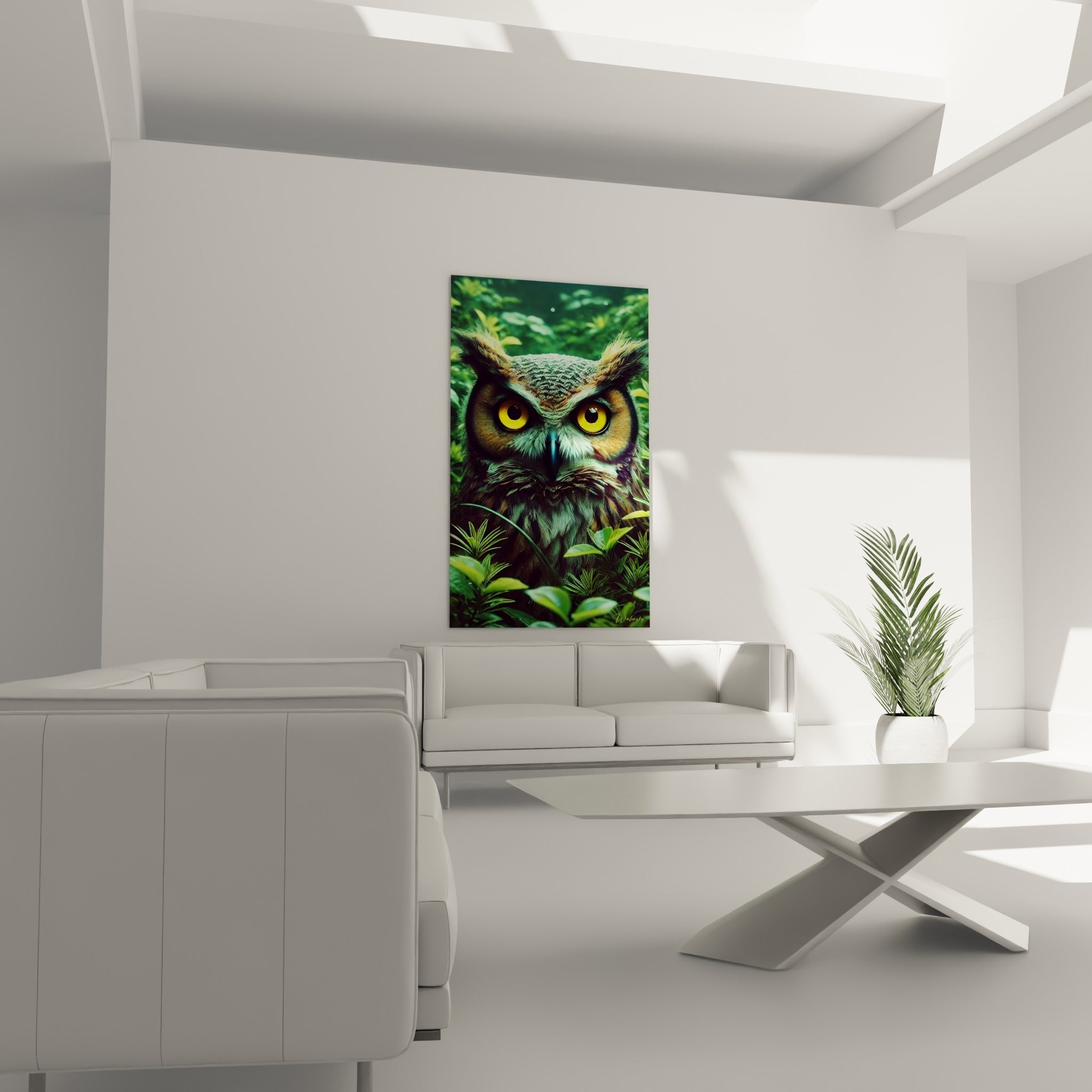Yeux jaune doré et plumage vert émeraude du hibou, accroché au-dessus d'un canapé dans un salon lumineux