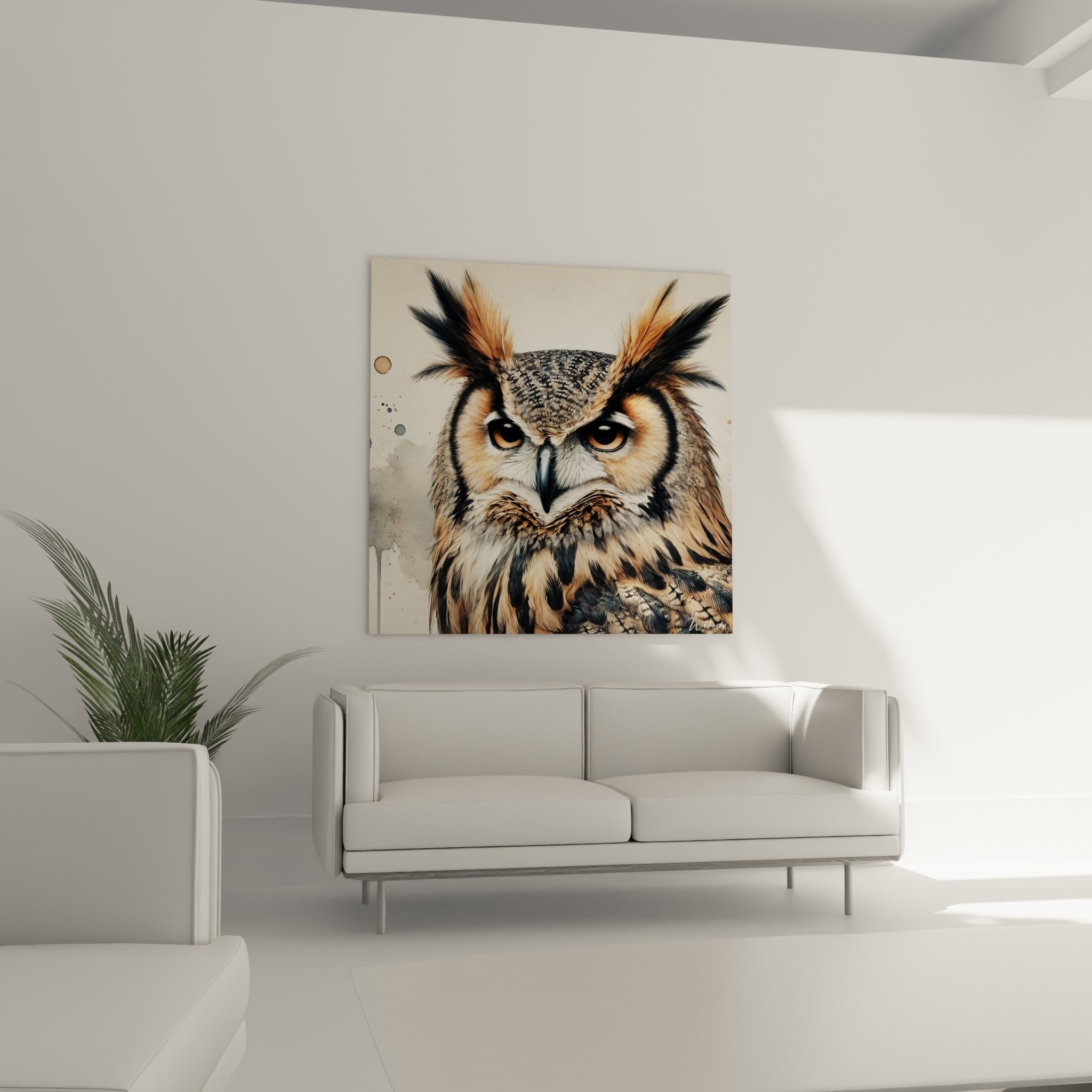Regard intense d'un hibou terracotta et noir suspendu au-dessus d'un canapé dans un salon lumineux