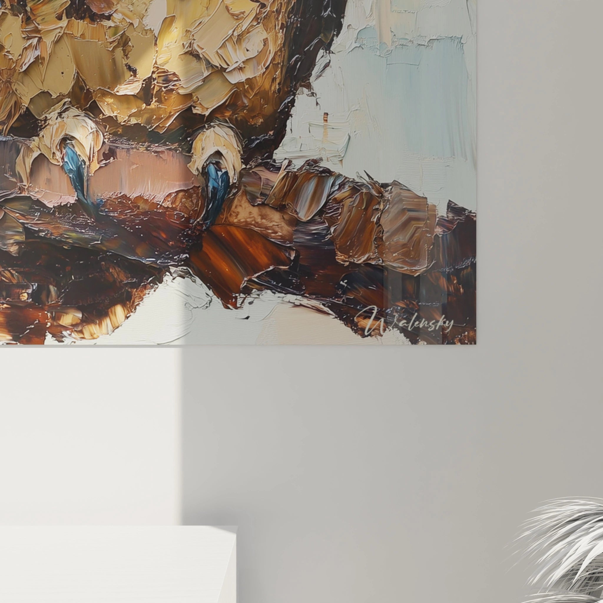 Tableau hibou en relief par Walensky, avec des détails richement texturés et des couleurs chaleureuses