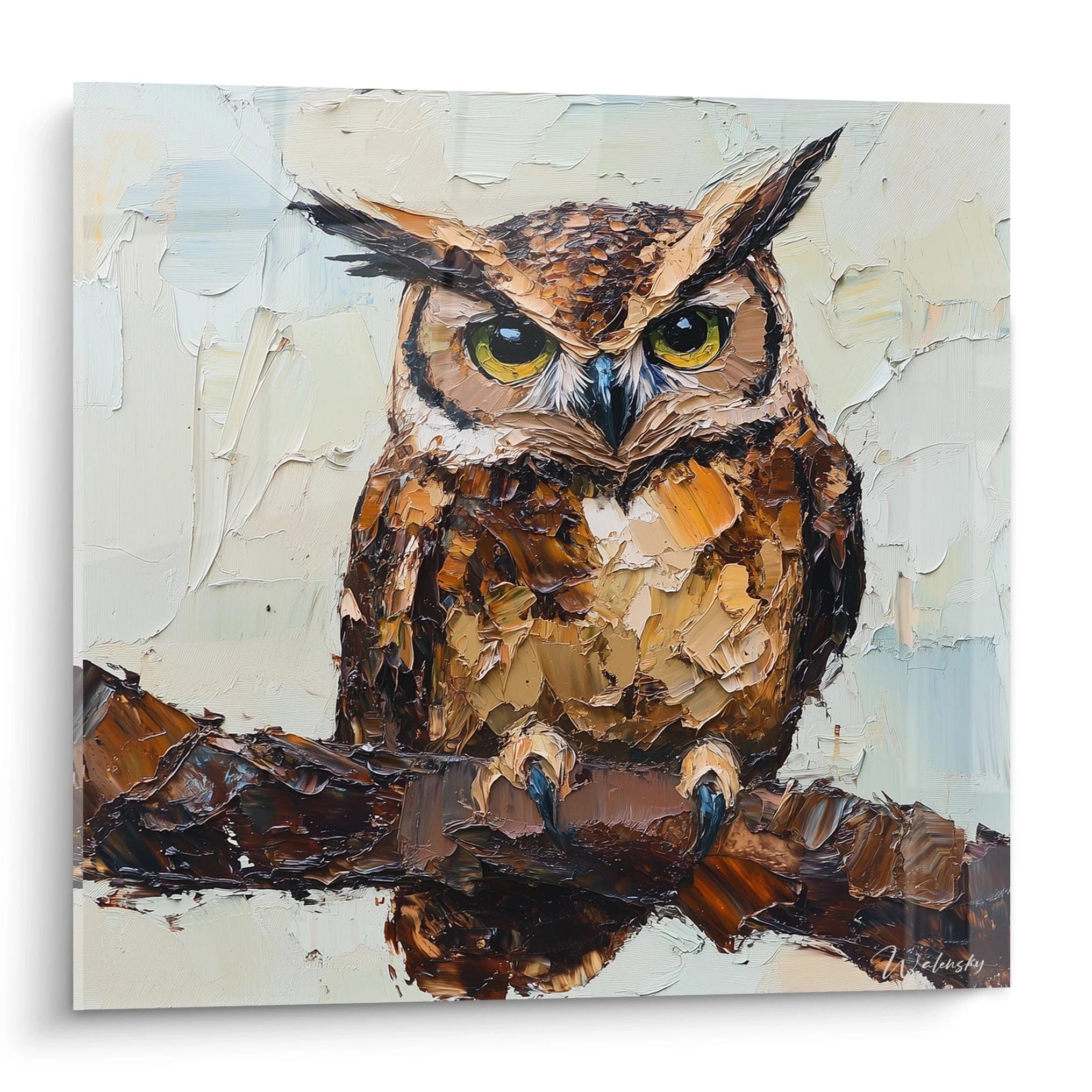 Tableau hibou en relief par Walensky, représentant un hibou aux yeux perçants sur une branche