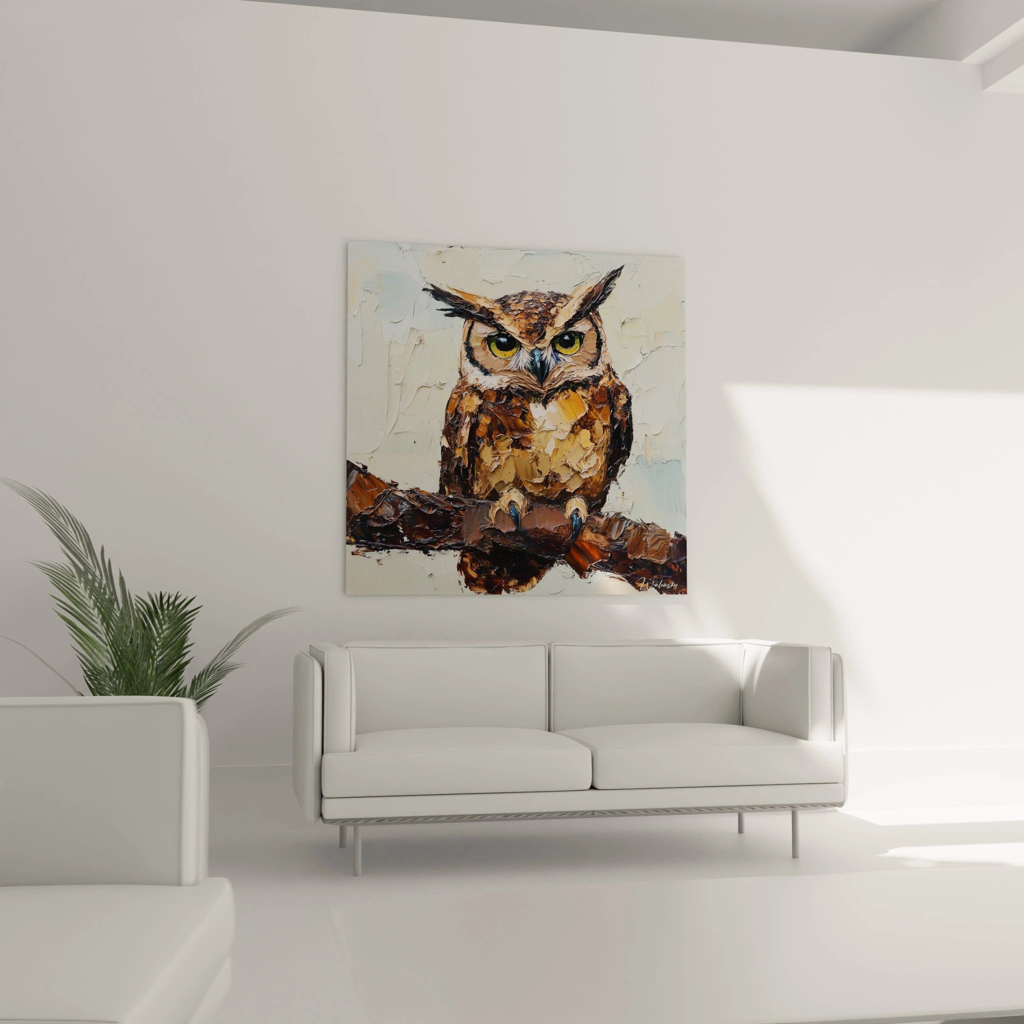 Tableau hibou en peinture artistique par Walensky, parfait pour décorer un salon moderne