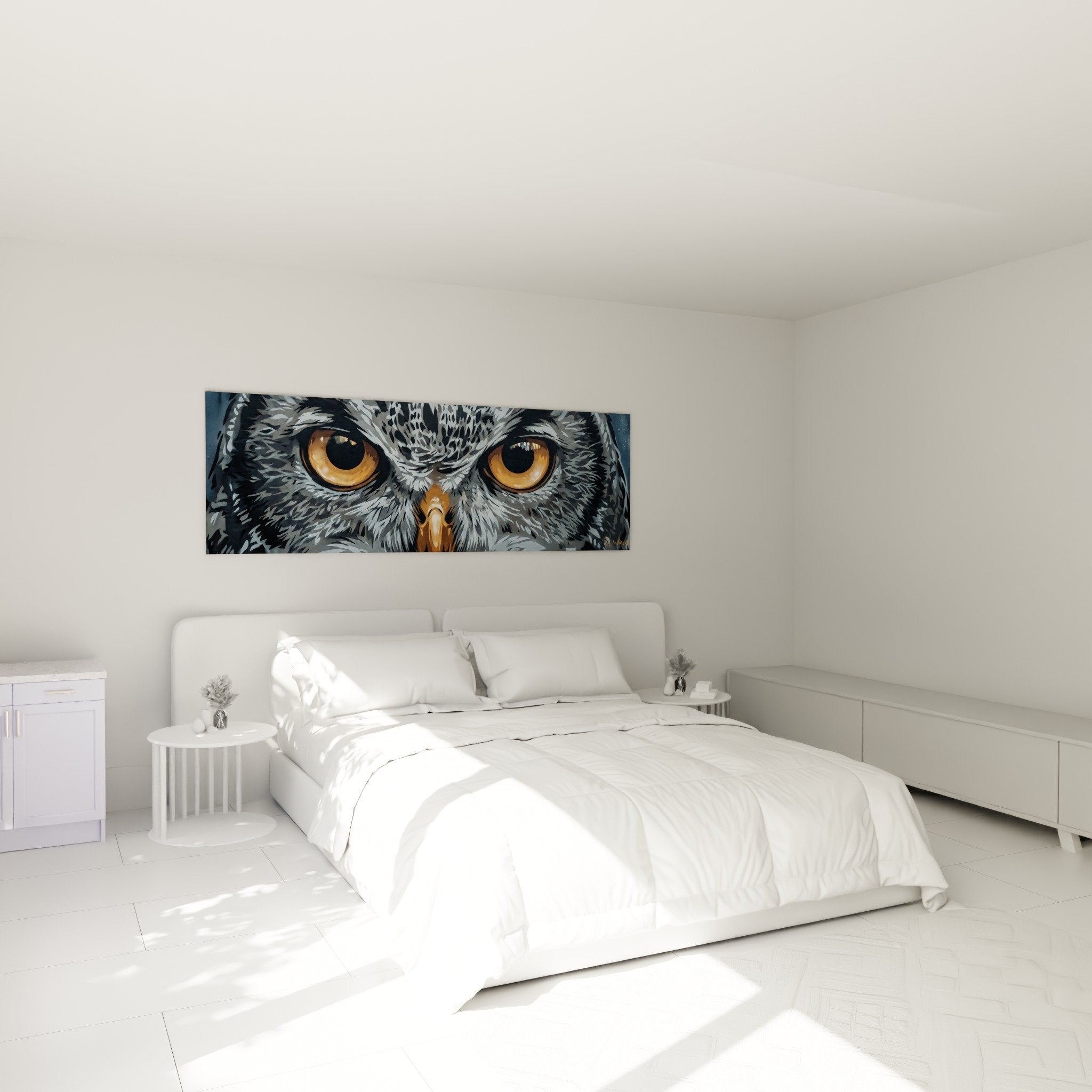 Tableau hibou street art pochoir yeux dores dans chambre moderne