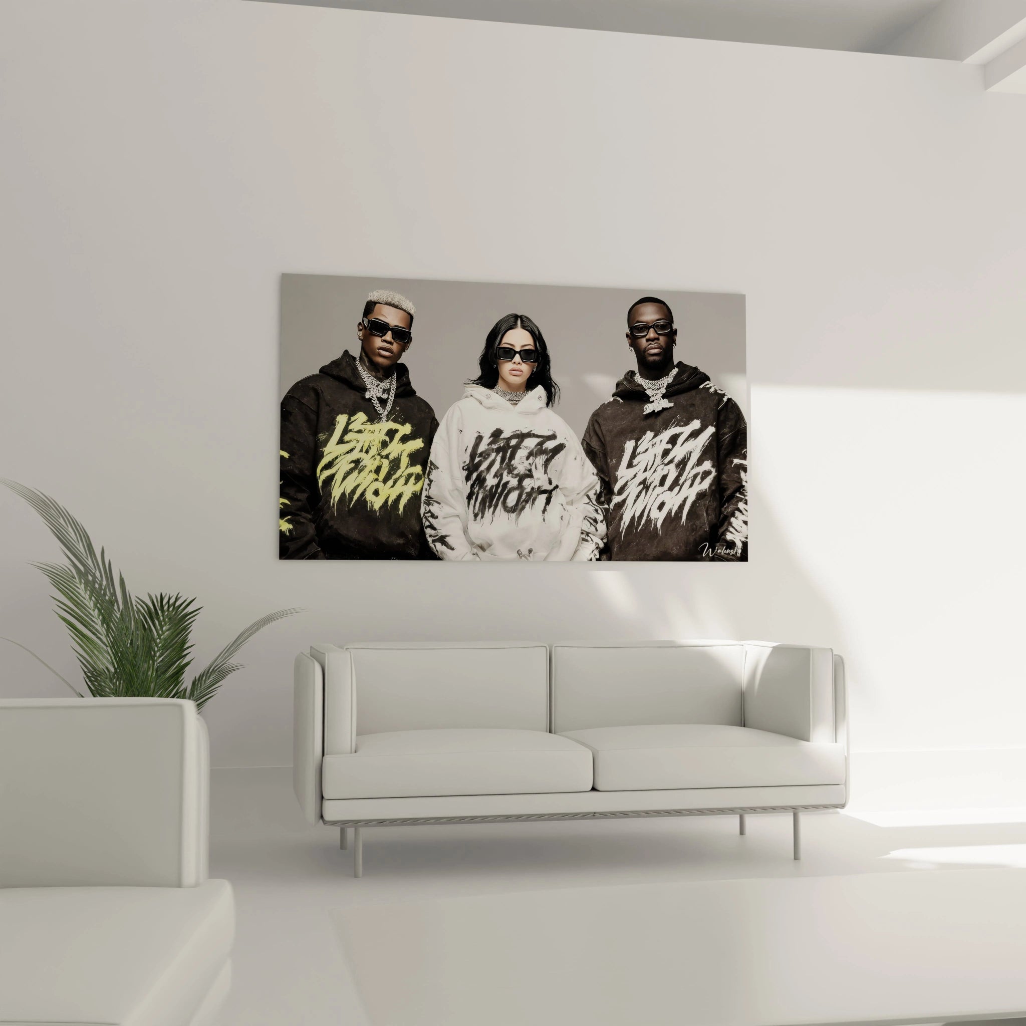 Tableau mural hip-hop streetwear avec trois mannequins portant des vêtements urbains tendance