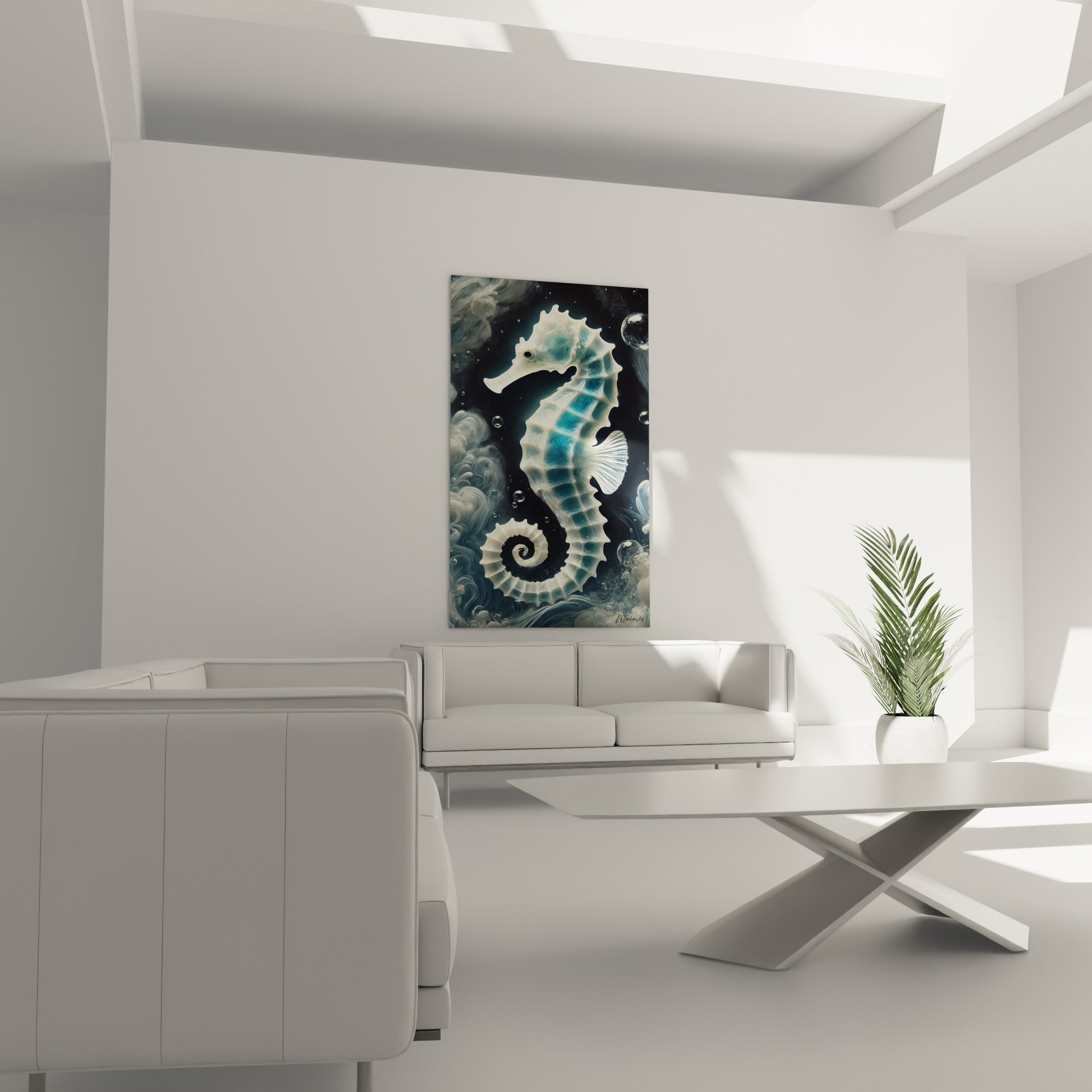 Silhouette d'hippocampe blanc et turquoise entourée de bulles, au-dessus d'un canapé dans un salon lumineux