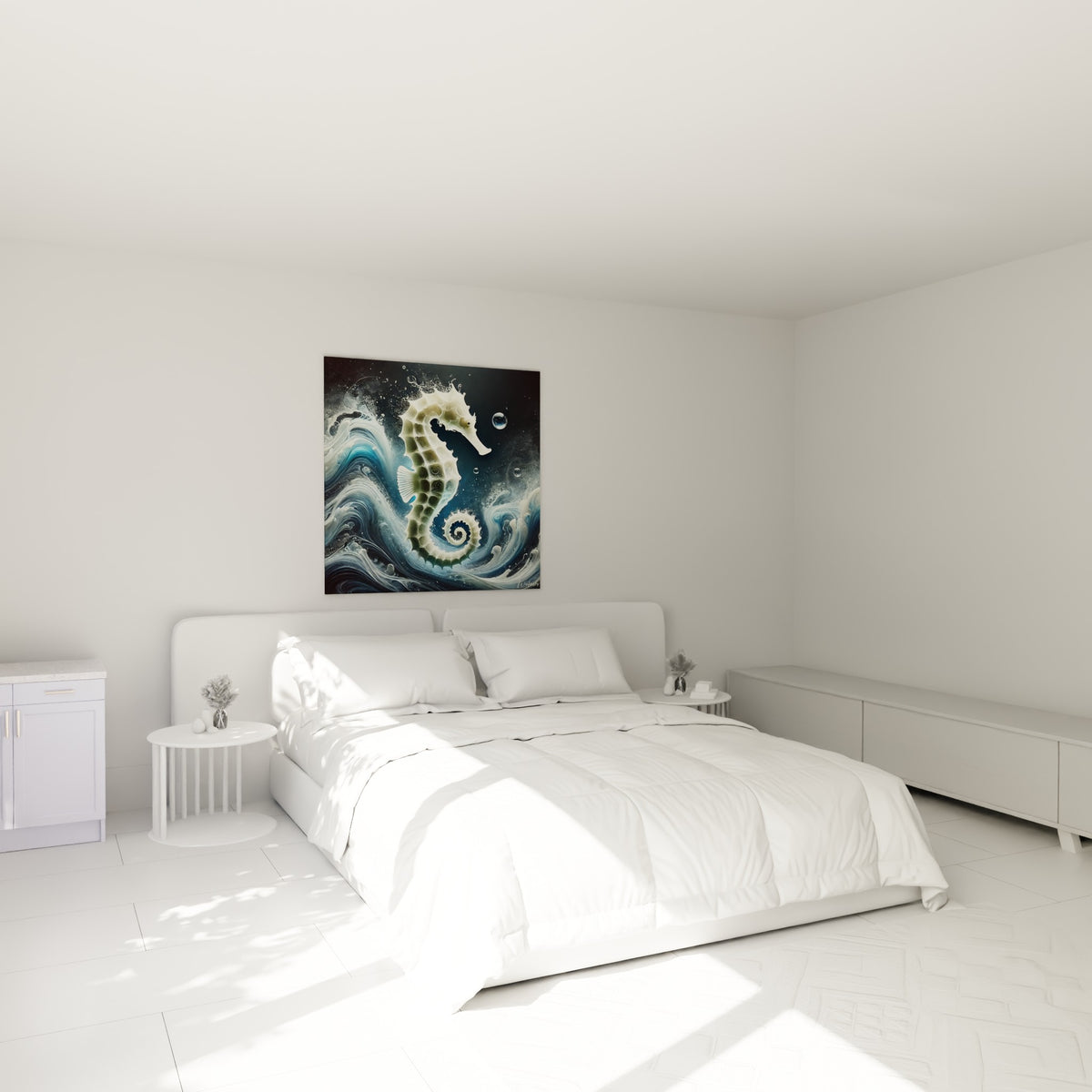 Créature marine ivoire et anthracite jaillissant des vagues, au-dessus d'un lit dans une chambre claire