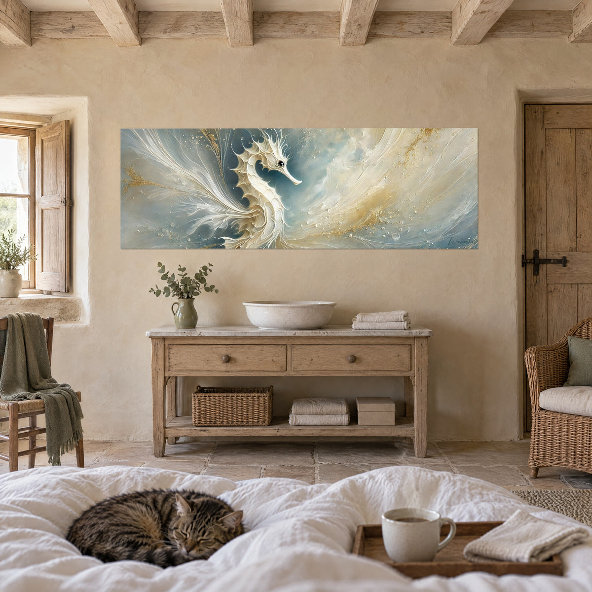 Tableau hippocampe nacré, œil noir et crête dentelée, bleu ciel et sable doré, un chat tabby couché, au-dessus d'un lit dans une chambre claire