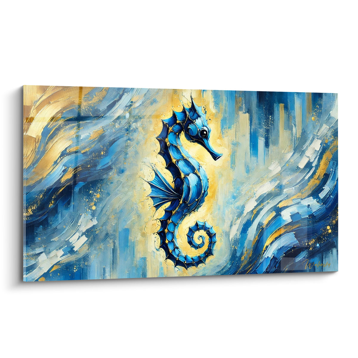 Hippocampe bleu cobalt et doré peint en empâtements épais sur fond de vagues tourbillonnantes