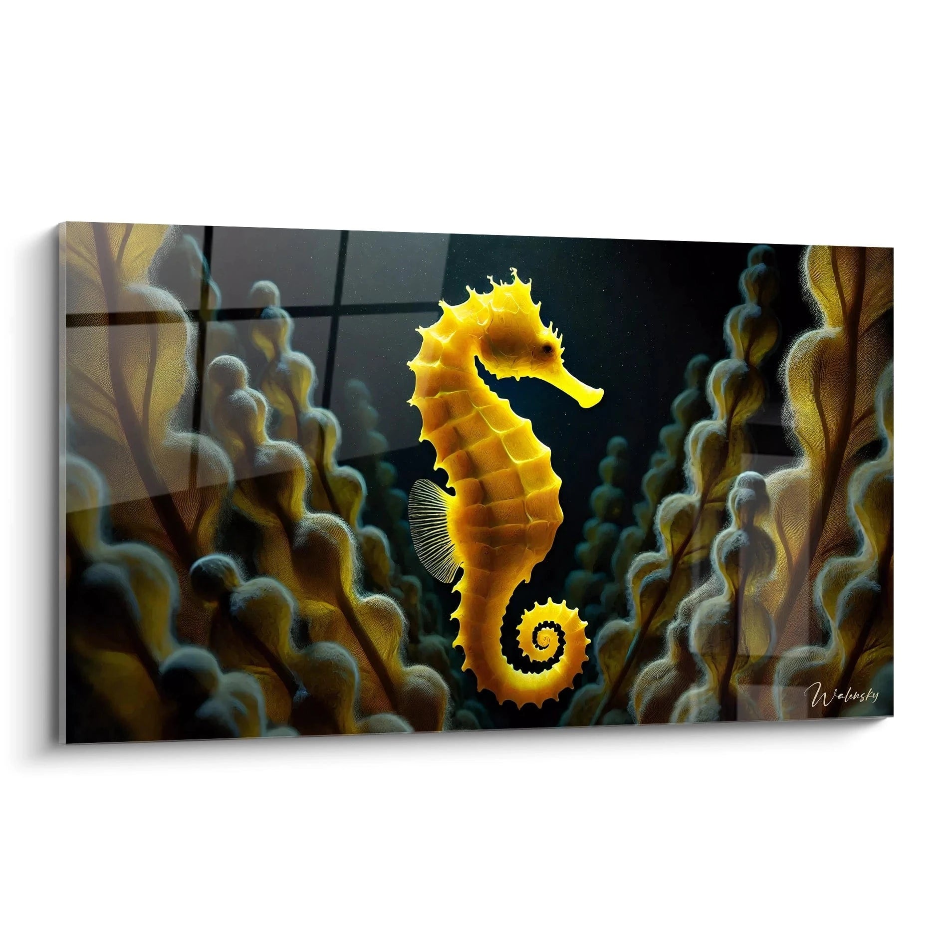 Tableau hippocampe en pleine lumière, baigné de teintes dorées, parfait pour une ambiance marine élégante. Vue de biais pour apprécier chaque détail de ce chef-d'œuvre.