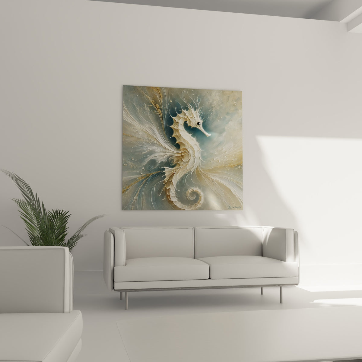 Silhouette d'hippocampe blanc et bleu pétrole aux détails dorés, au-dessus d'un canapé dans un salon lumineux