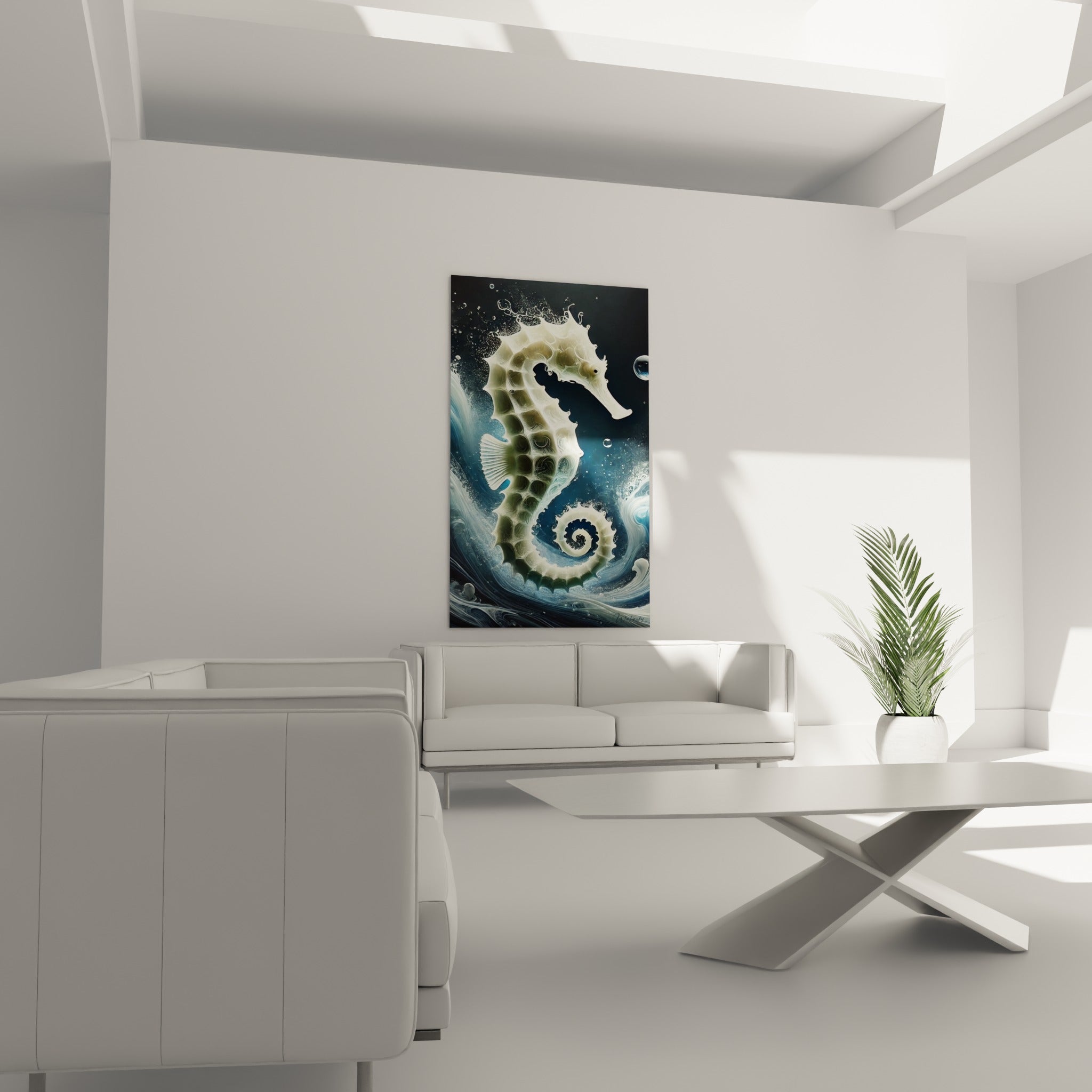 Créature marine nacrée aux reflets bleu nuit accrochée au-dessus d'un canapé dans un salon lumineux