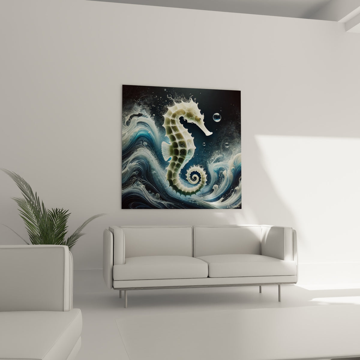 Silhouette d'hippocampe nacré émergeant d'un tourbillon bleu nuit, au-dessus d'un canapé dans un salon lumineux