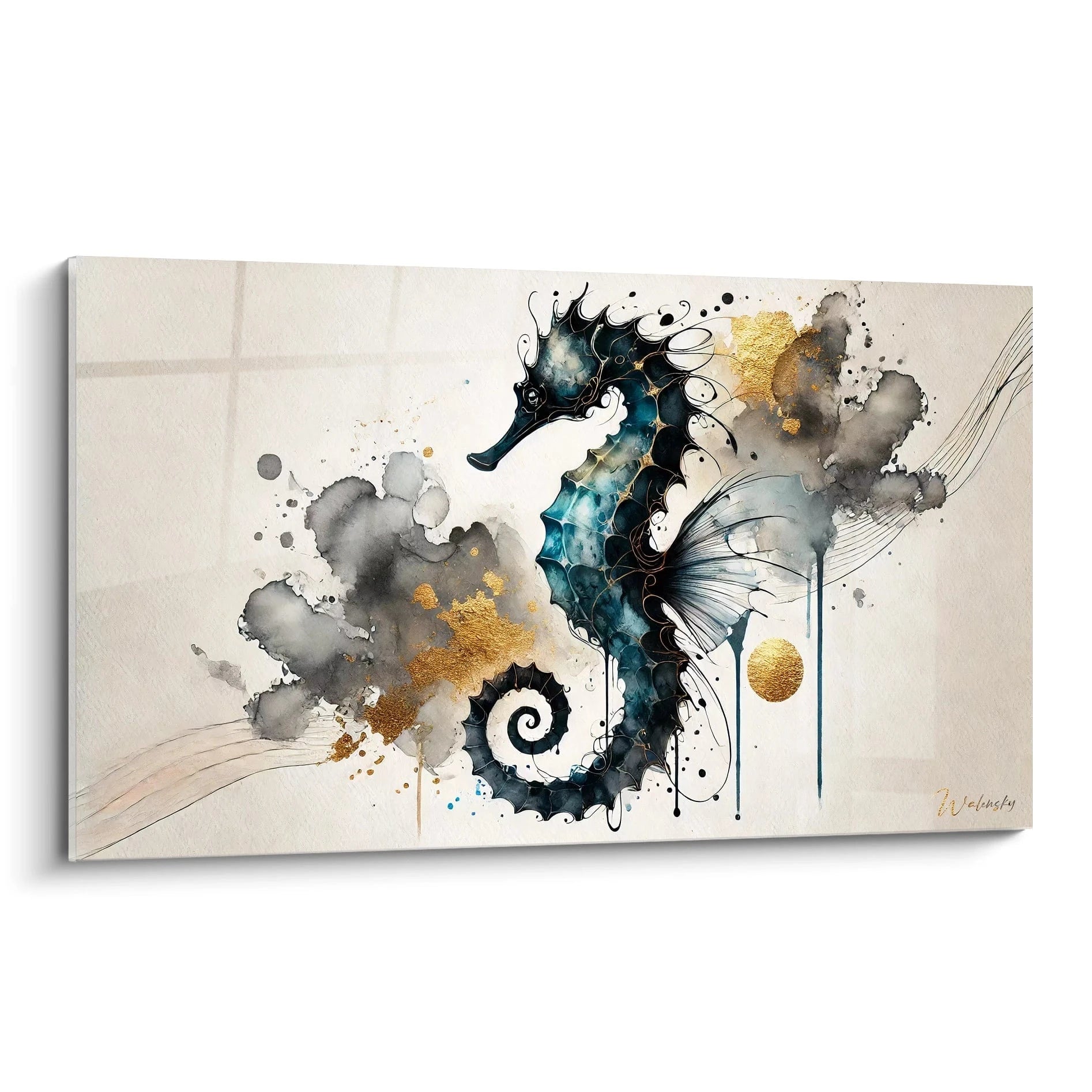 Tableau hippocampe vue de biais : une œuvre captivante qui marie elegance marine et art abstrait. Ideal pour apporter une touche contemporaine a votre decoration interieure.