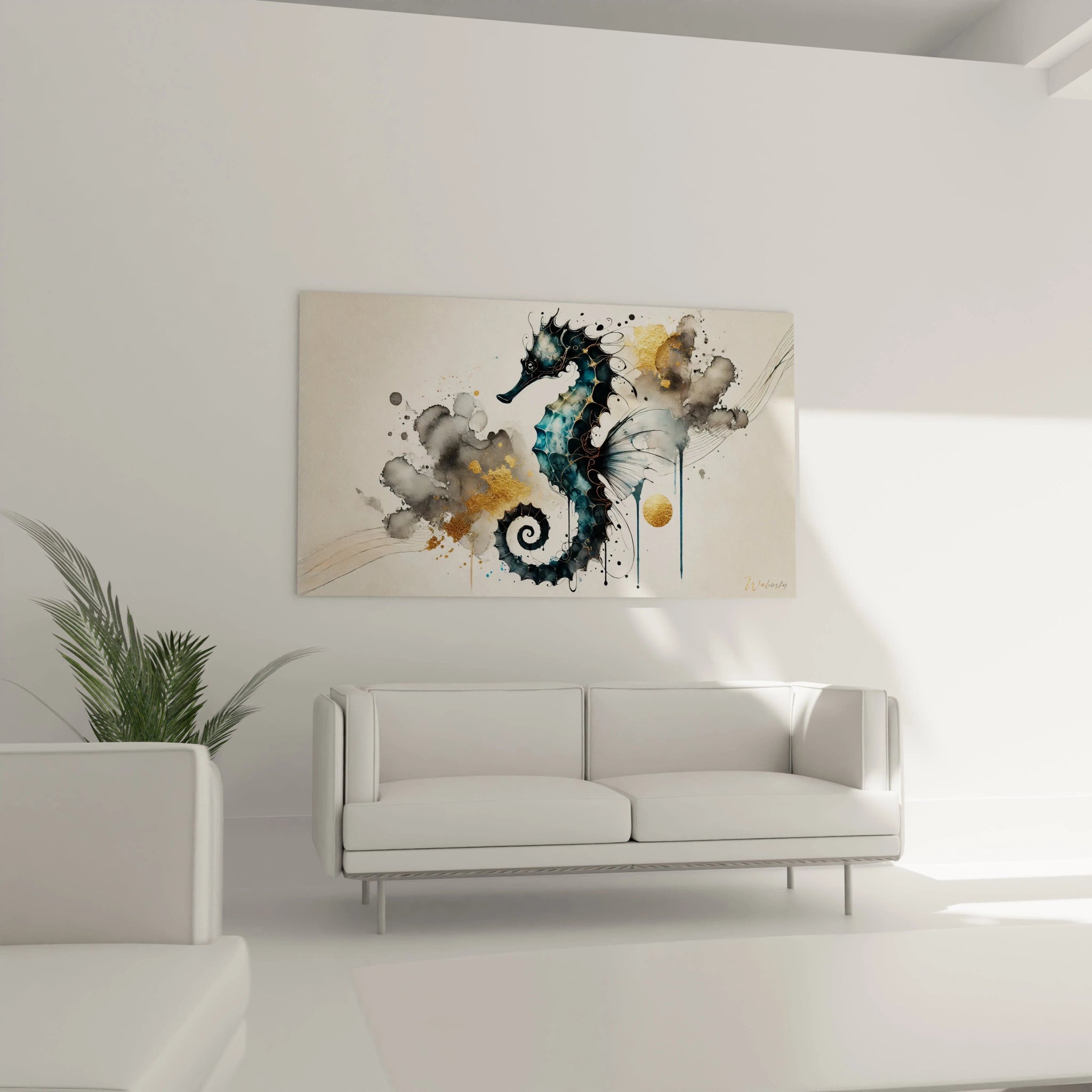Tableau hippocampe au-dessus du canapé dans un salon : une pièce centrale qui attire l'oeil et ajoute un element artistique et naturel a votre espace de vie. Elegance et raffinement garantis.