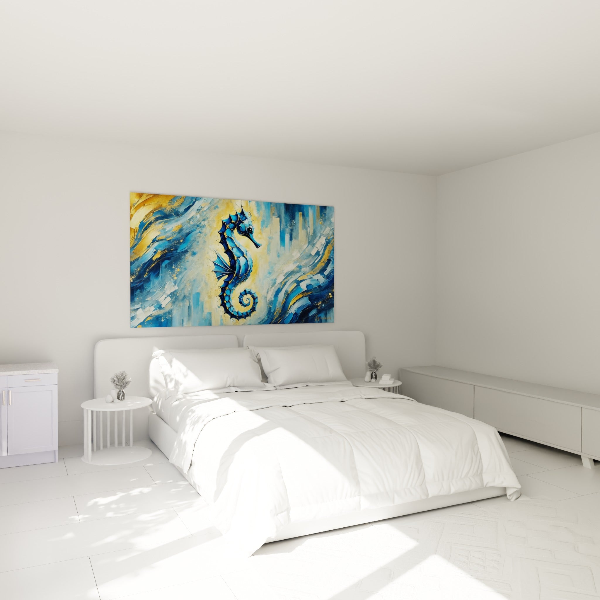 Créature marine bleue et dorée aux écailles texturées, accrochée au-dessus d'un lit dans une chambre claire