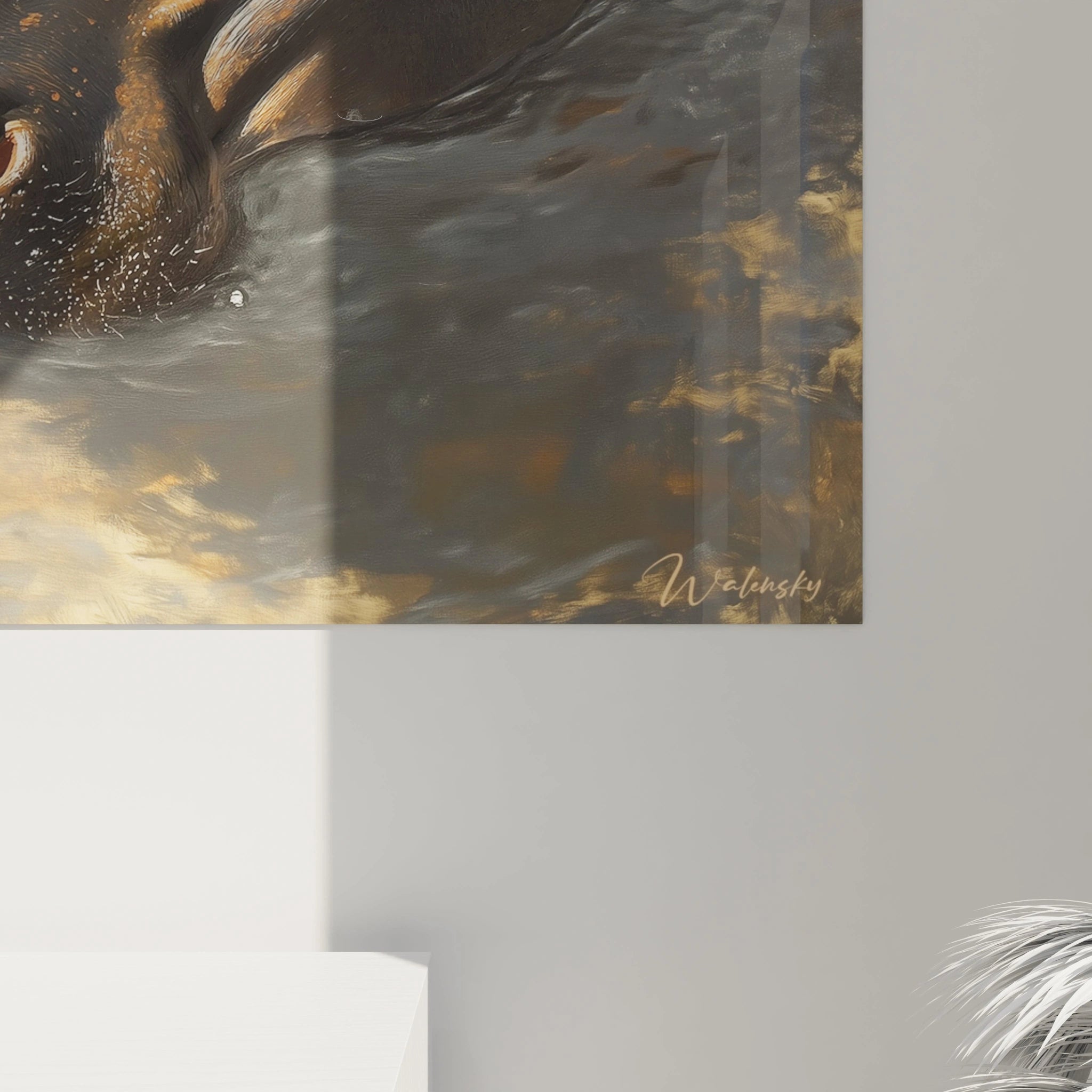 Tableau hippopotame Walensky style artistique avec couleurs marron et doré accroché au mur