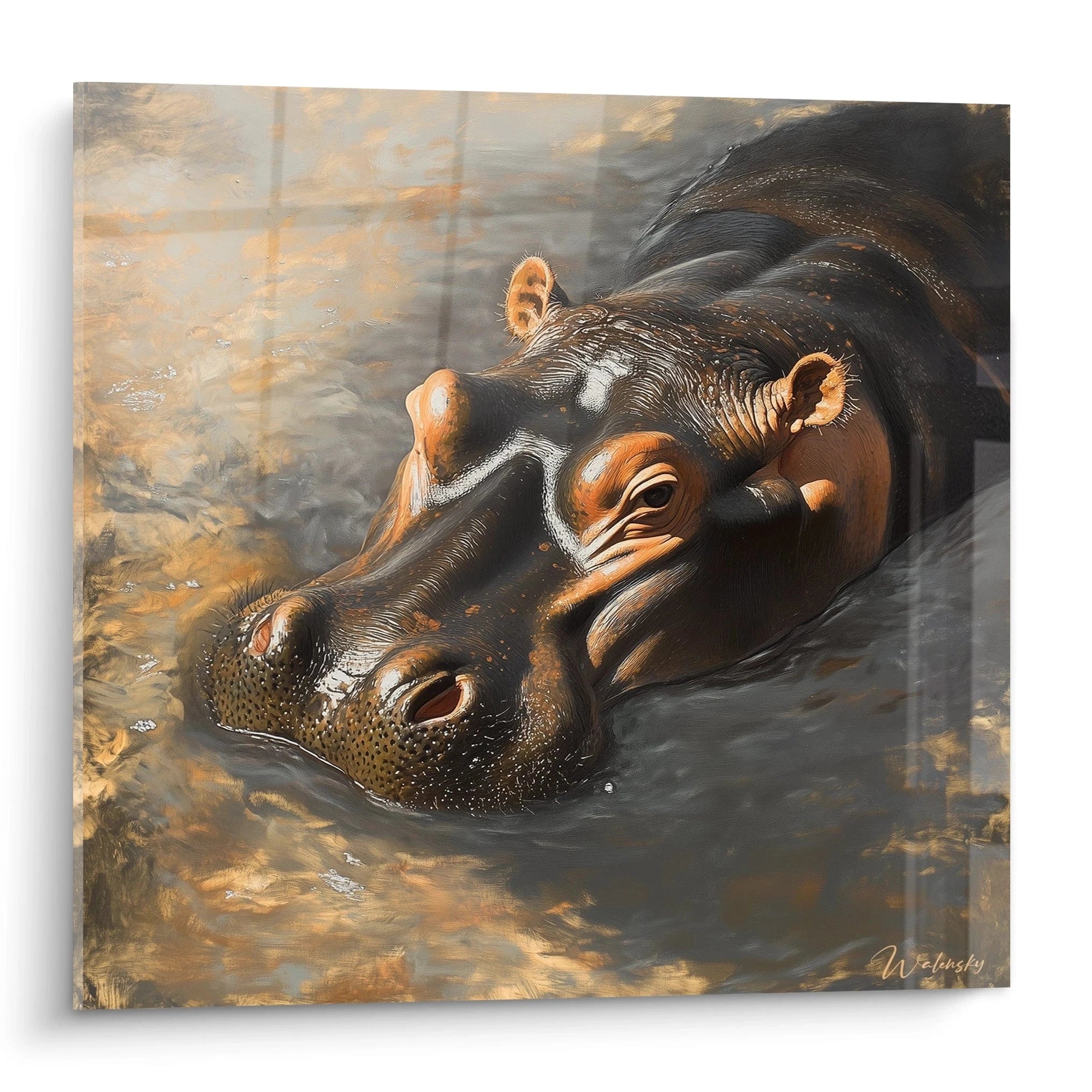 Tableau hippopotame Walensky représentant un hippopotame réaliste plongé dans l'eau aux reflets dorés