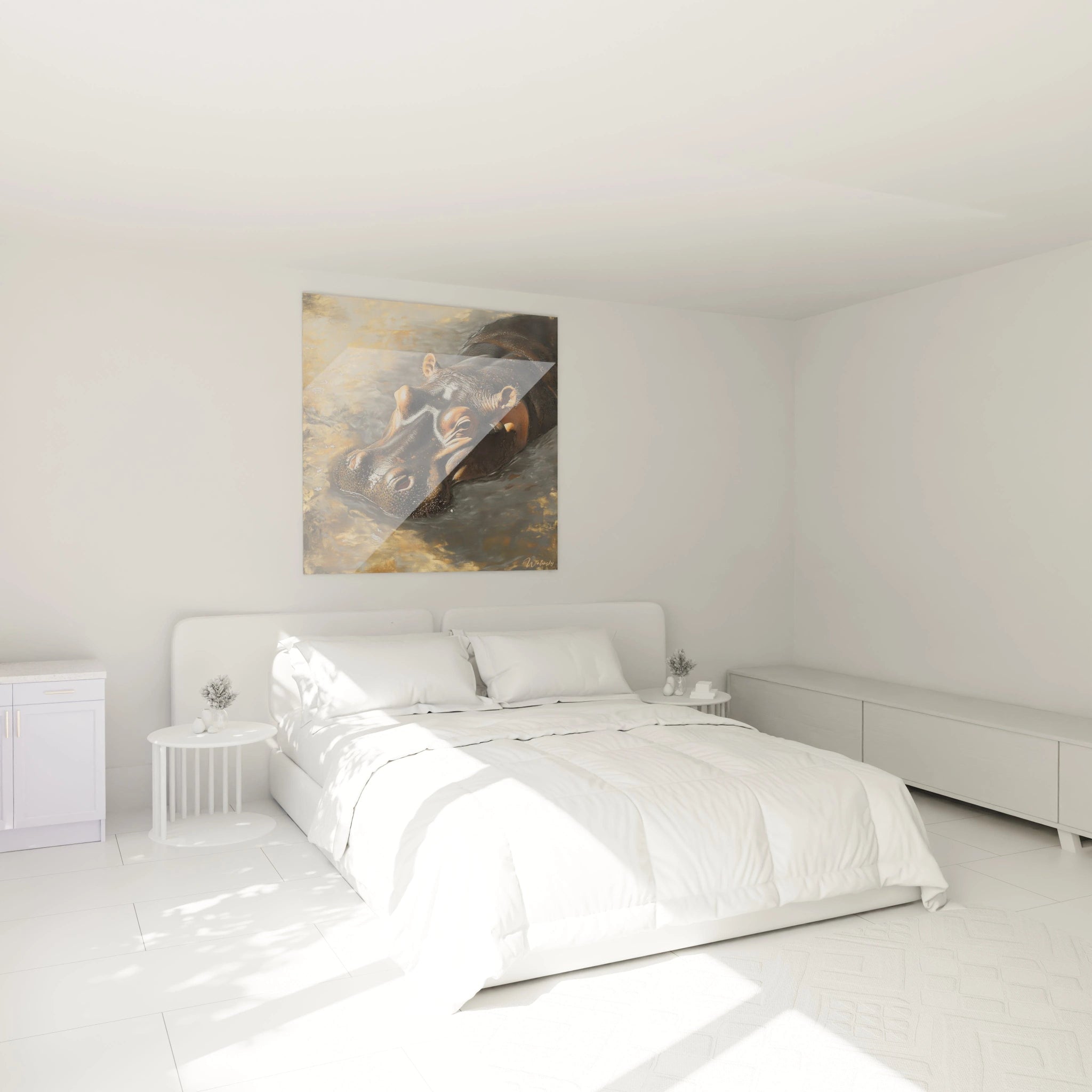 Tableau hippopotame Walensky accroché dans une chambre lumineuse au décor blanc épuré