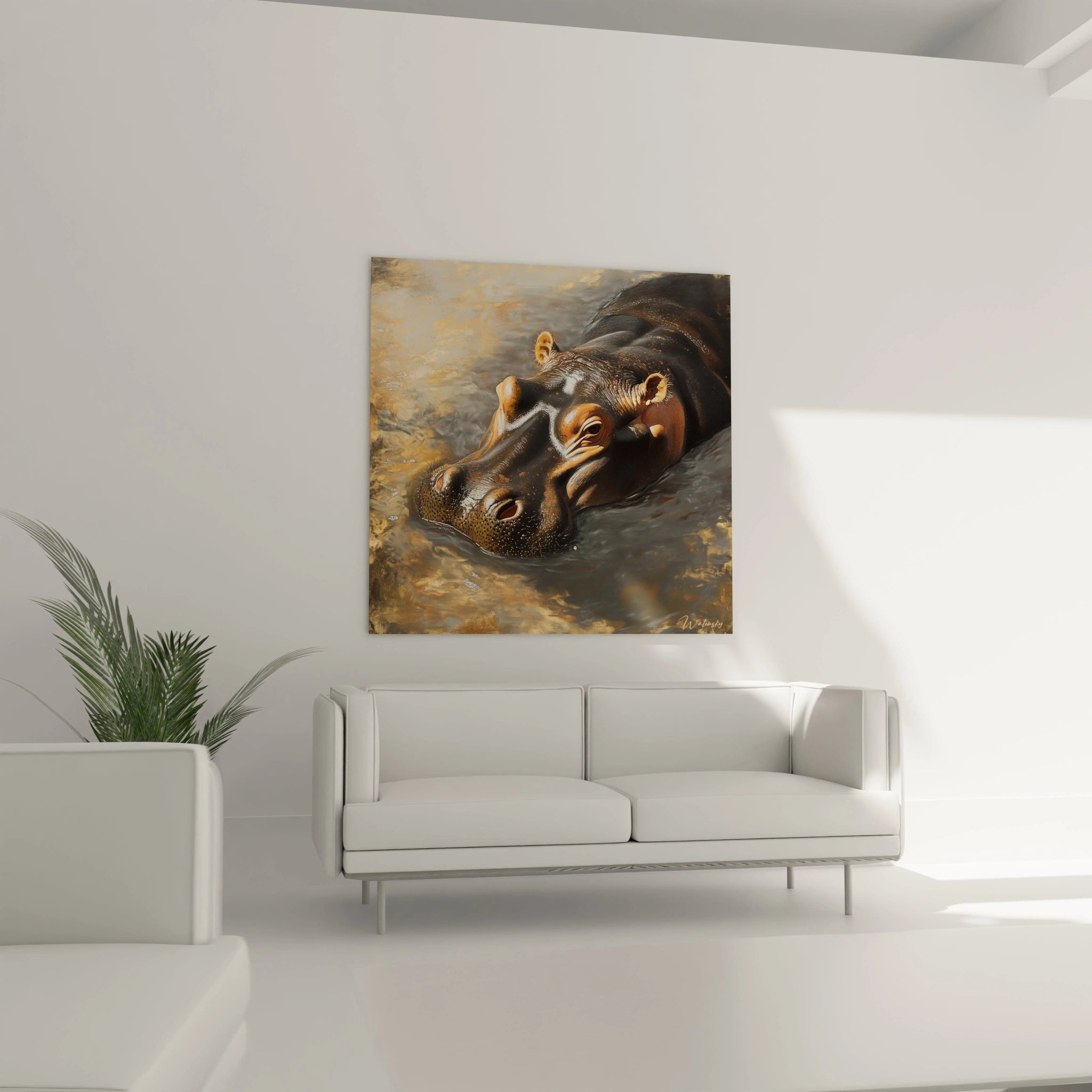 Tableau hippopotame Walensky représentant un hippopotame dans l'eau pour décoration murale moderne