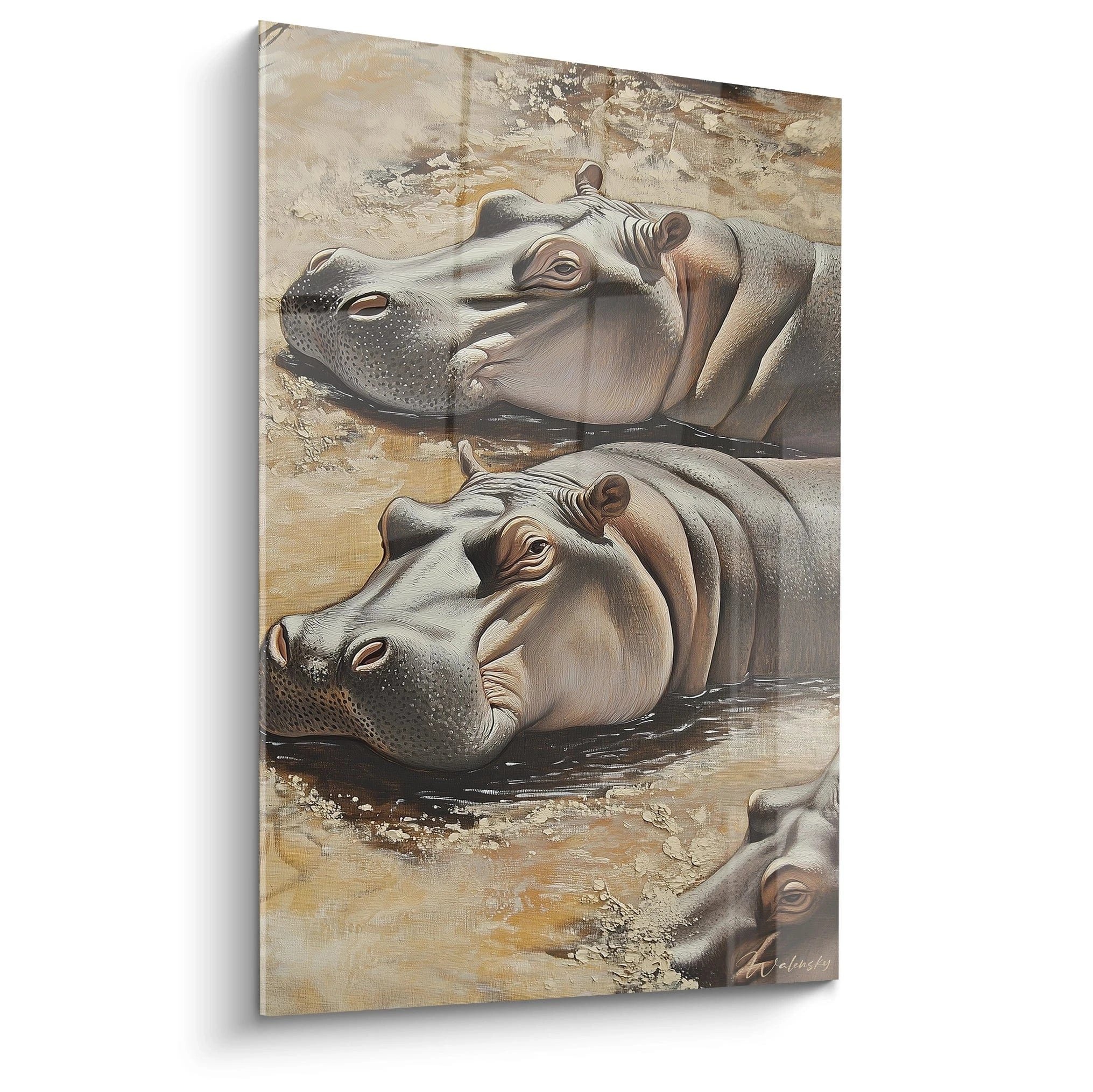 Tableau hippopotame Walensky représentant deux hippopotames dans l'eau aux tons beige et marron